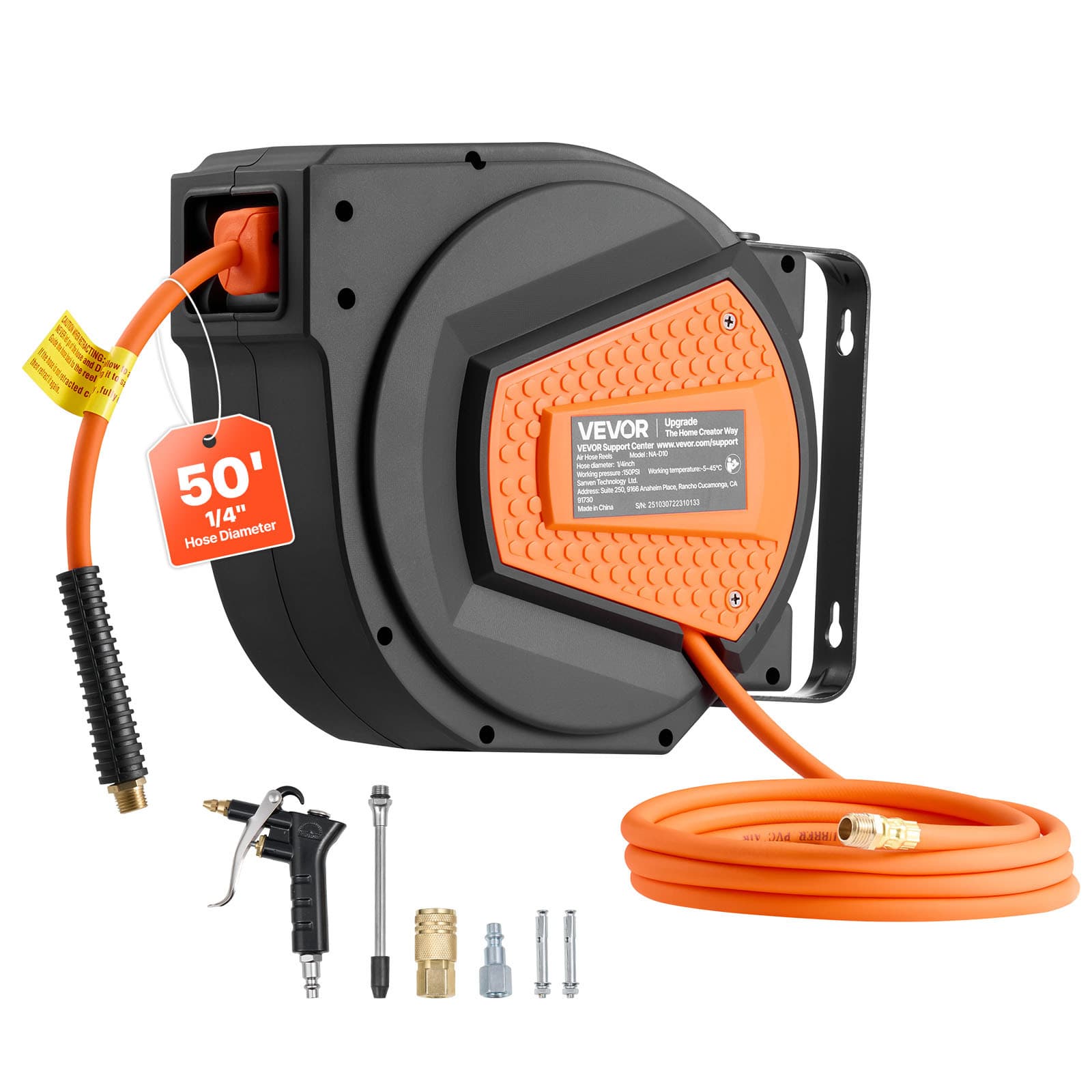 TEMU Vevor Retractable Air Hose Reel, 1/4 Inch X 50 Ft Hose Max 300psi, Enclosed Air-compressor Hoses Reel Auto With 6.6 Ft Lead In & Blow Gun, 180° Swivel Ceiling/wall Mount