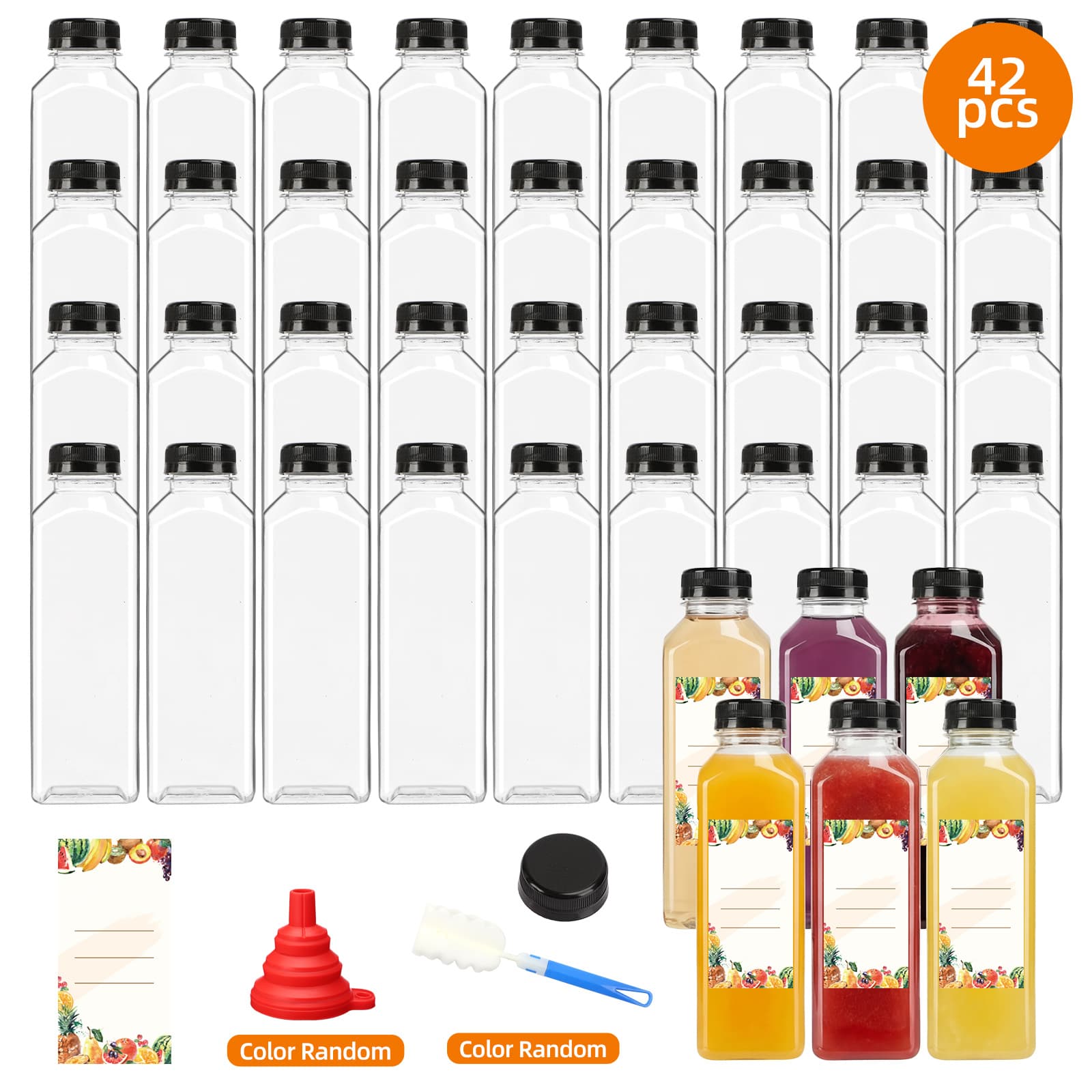 TEMU Whonline 42pcs 16oz Juice Bottles, Empty Plastic Containers, Bottles With Black Tamper- Lids, Reusable Containers For Juice, Milk, And Iced Coffee. Funnel & Brush (color Random).