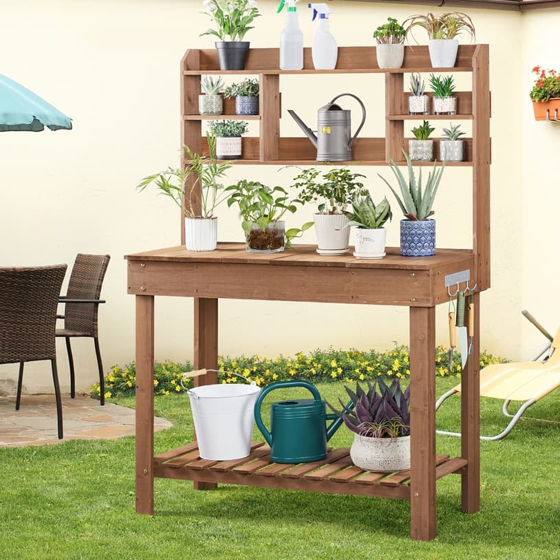 TEMU Outdoor Potting Bench Table With Display Rack, Storage Shelf, Hanger, Sink Brown