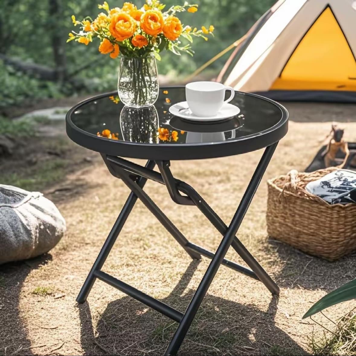 TEMU Round Outdoor Folding Side Table, Patio Folding End Table With Silk Glass Tabletop, Portable Small Garden Bistro Coffee Table With Tempered Glass Top