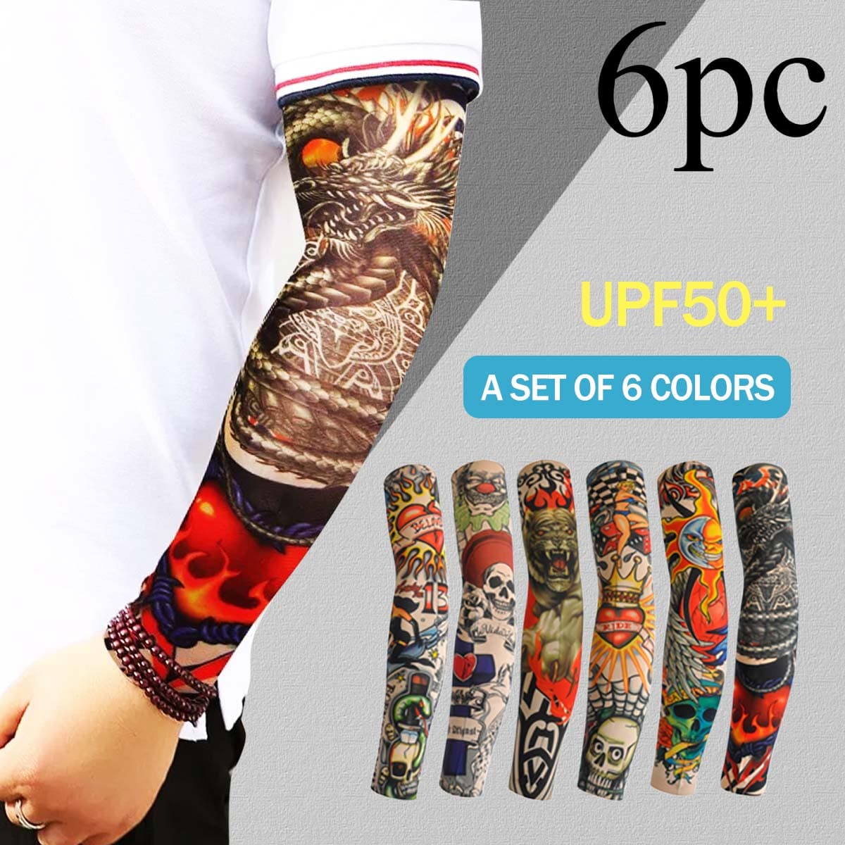 TEMU Upf 50 Sun Protection Arm Sleeves 6-pack - Cooling Temporary Tattoo Covers For Sports Costume, Men Women Uv Protective Accessories