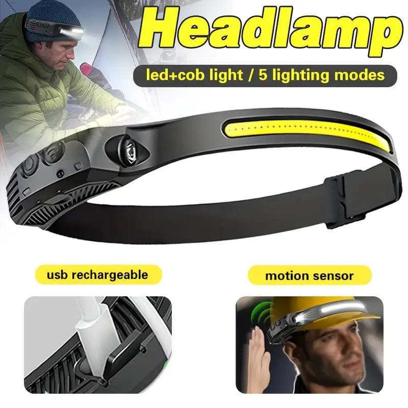 TEMU Rechargeable Headlamp With New 1200mah Battery, 230° Wide-angle Led And Motion Sensor, Ideal For Running, Fishing, Cycling, Camping, And Repairing