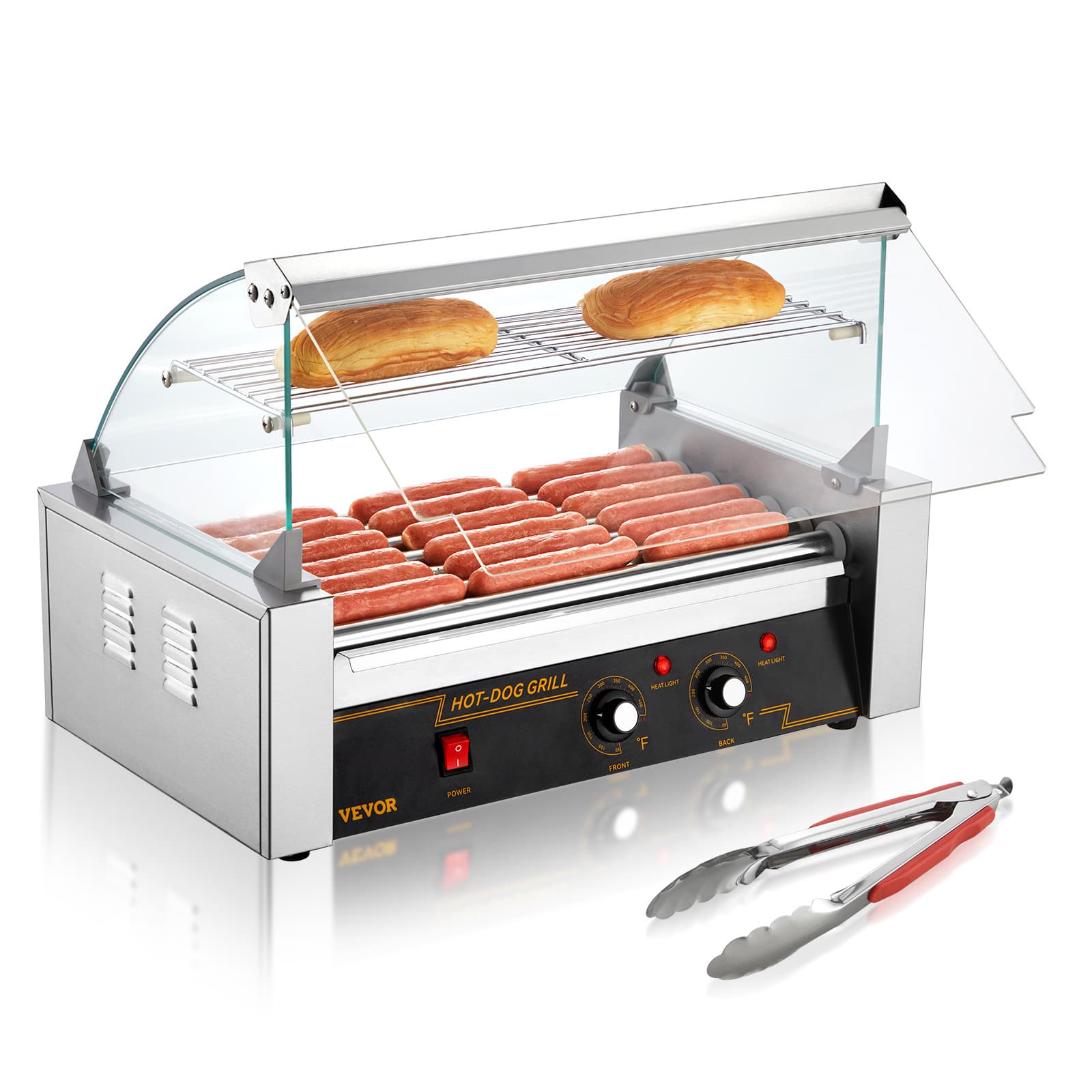 TEMU Vevor Hot Dog Roller 7 Rollers 18 Capacity 1400w Stainless Sausage Grill Cooker Machine With Hood Acrylic Cover Bun Warmer Shelf Removable Oil Drip Tray.