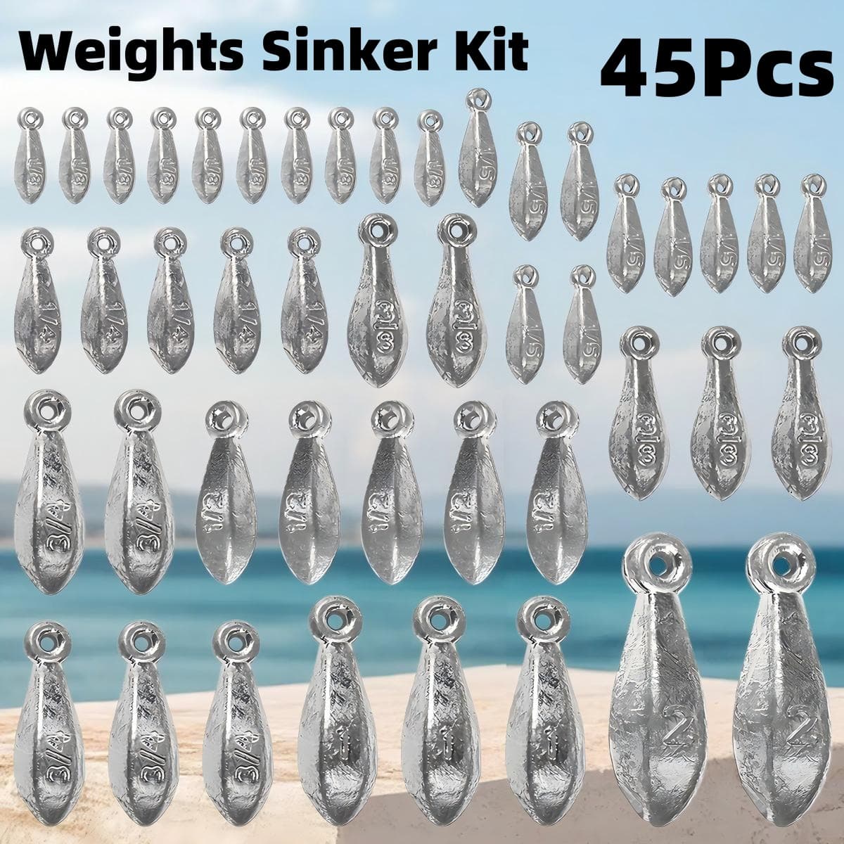 TEMU 45pcs Fishing Sinkers Kits Bank Sinker Weights For Fishing Gear Tackle 2oz 1oz 3/4oz 1/2oz 3/8oz 1/4oz 1/5oz 1/8oz