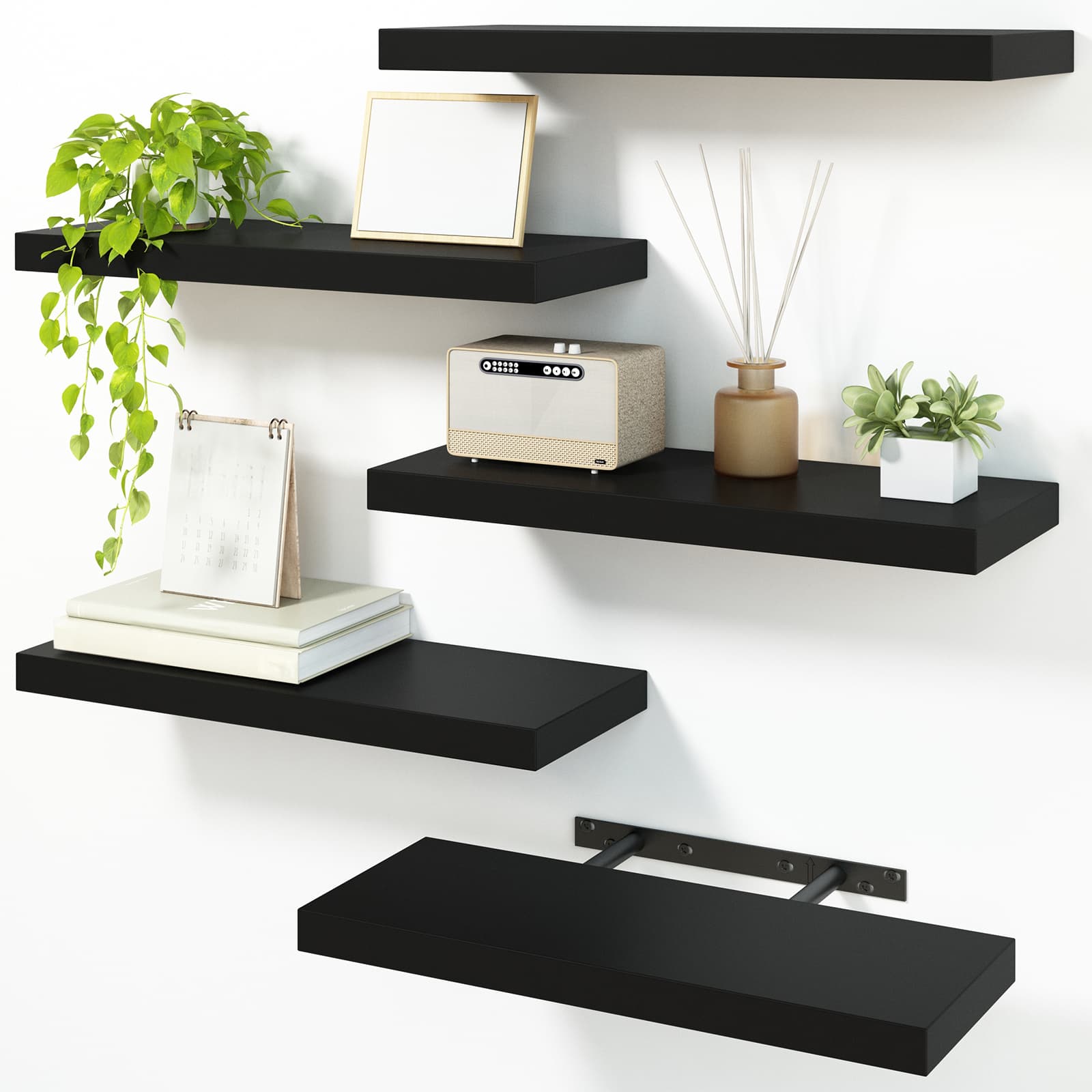 TEMU Whonline 5 Pcs Floating Shelves For Wall, Black Shelves Wall Mounted Shelf With Invisible Bracket For Bathroom, Living Room, Bedroom, Kitchen, Office Decor,15.8in, For Halloween And Christmas