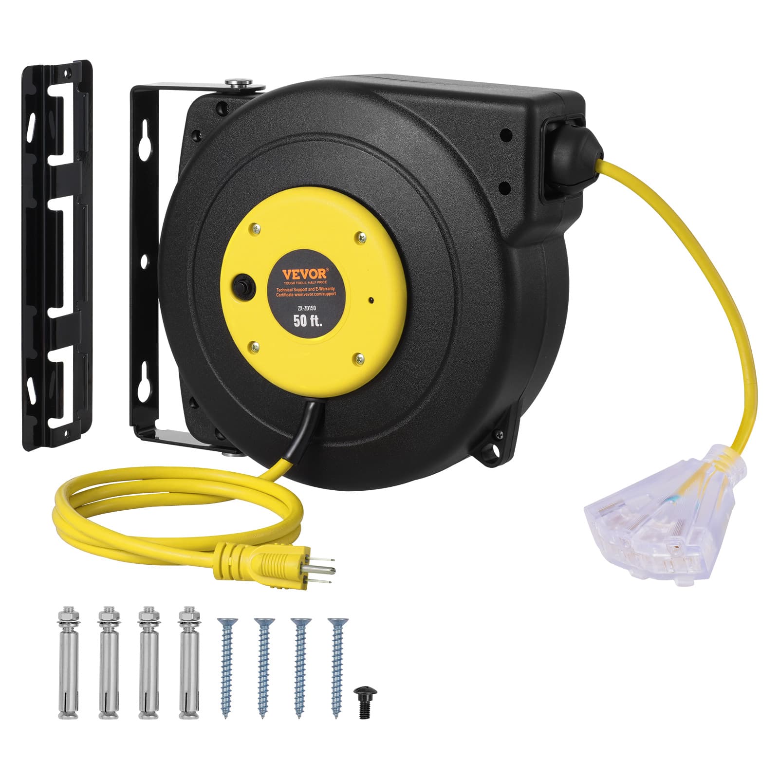 TEMU Vevor 50ft Retractable Extension Cord Reel 14awg/3csjtow Power Cord Reel, Yellow&black
