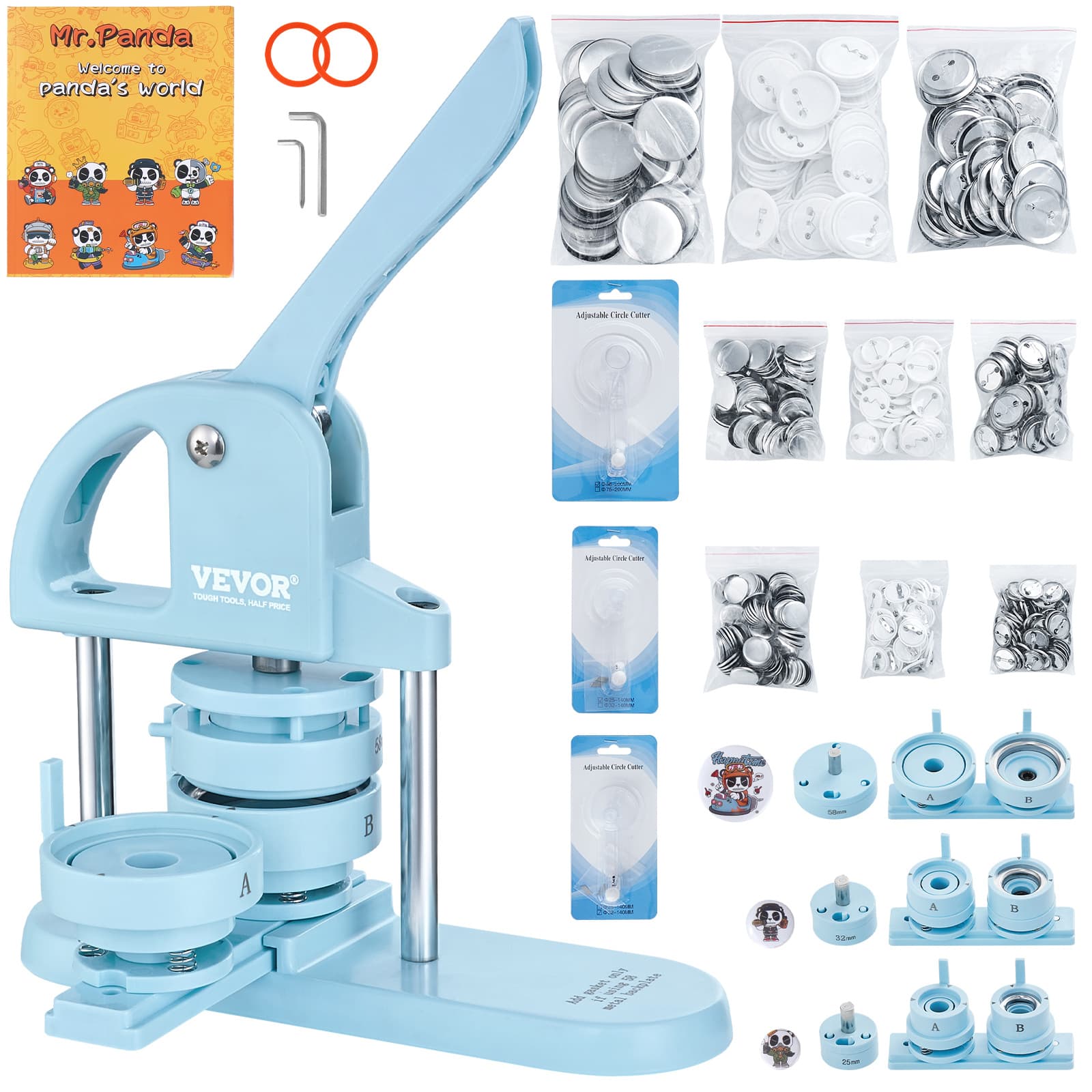TEMU Vevor Button Maker, 1/1.25/2.28 Inch (25/32/58mm) 3-in-1 Pin Maker, 300pcs Button Parts, Button Maker Machine With Book, Ergonomic Arc Handle Kit, For Children Diy Gifts, Blue