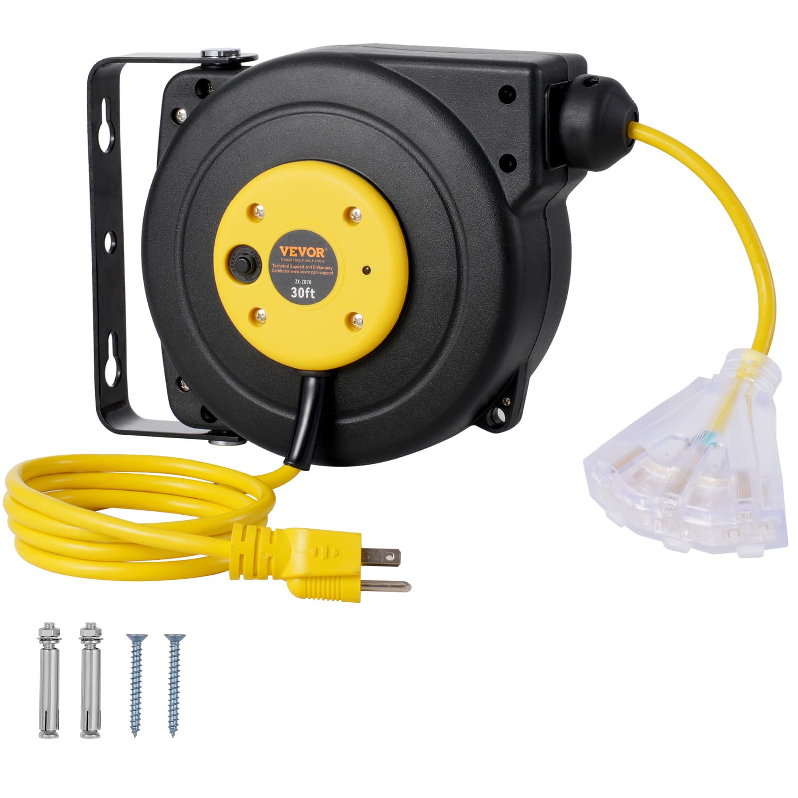 TEMU Vevor Retractable Extension Cord Cord Reel 30ft 16awg/3c Sjtow, Yellow&black / /