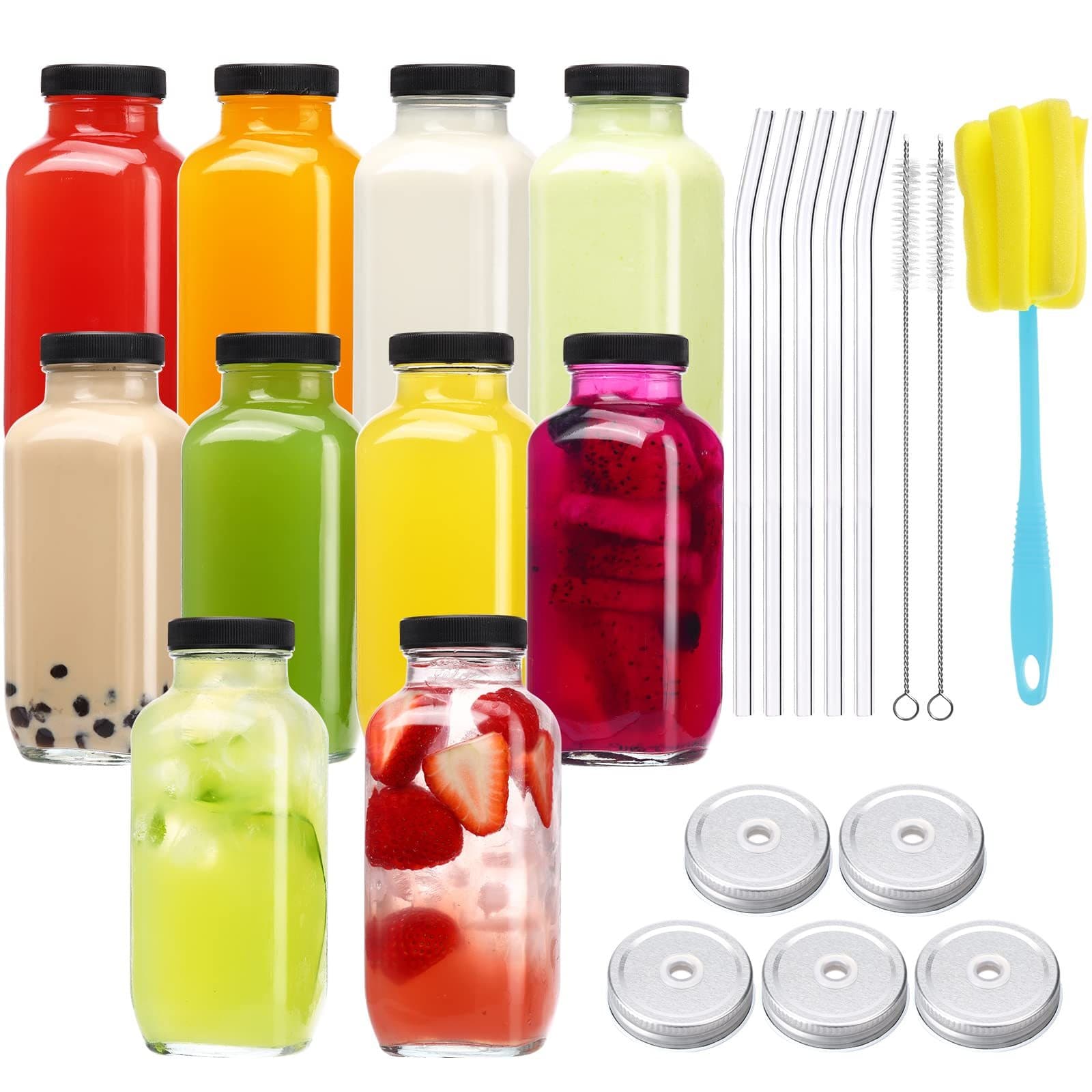 TEMU Whonline 10pcs 16oz Drinking Glass, Reusable Juice Jars, Juice Bottles With Lids, Brush, Glass Straws, Lids With Hole, For Juice, Smoothies, Tea, Coffee, For Halloween And Christmas