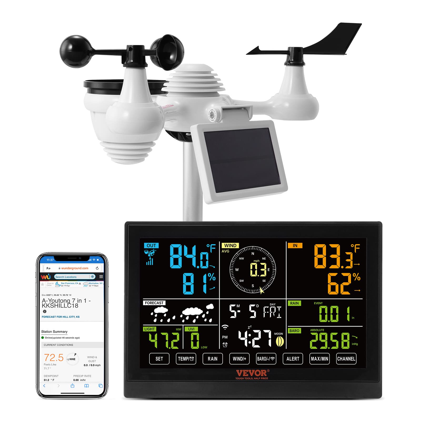 TEMU Vevor 7-in-1 Wi-fi Weather Station, 7.5 Display, Home Weather Station, With Solar Wireless Sensor Alarm Alerts, For Temperature Humidity Wind Speed/ Rain