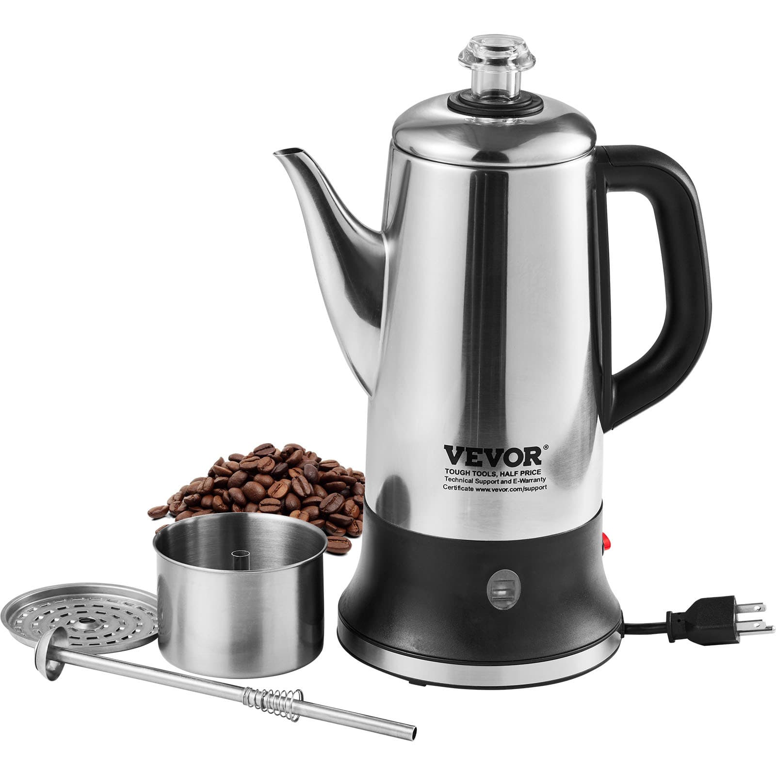 TEMU Vevor 12-cup Electric Percolator Coffee Pot, 304 Stainless Steel Coffee Percolator With Function & Heat-resistant Handle, Classic Coffee Maker, & Easy-pour Spout, Silver