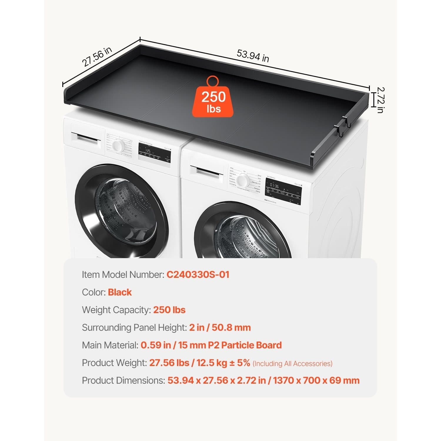 TEMU Vevor Washer Dryer Countertop, 27.5" Depth X 54" Width, Washer Dryer Wood Top For Laundry Room Organization With Edge Rails (black-spliced Panel)