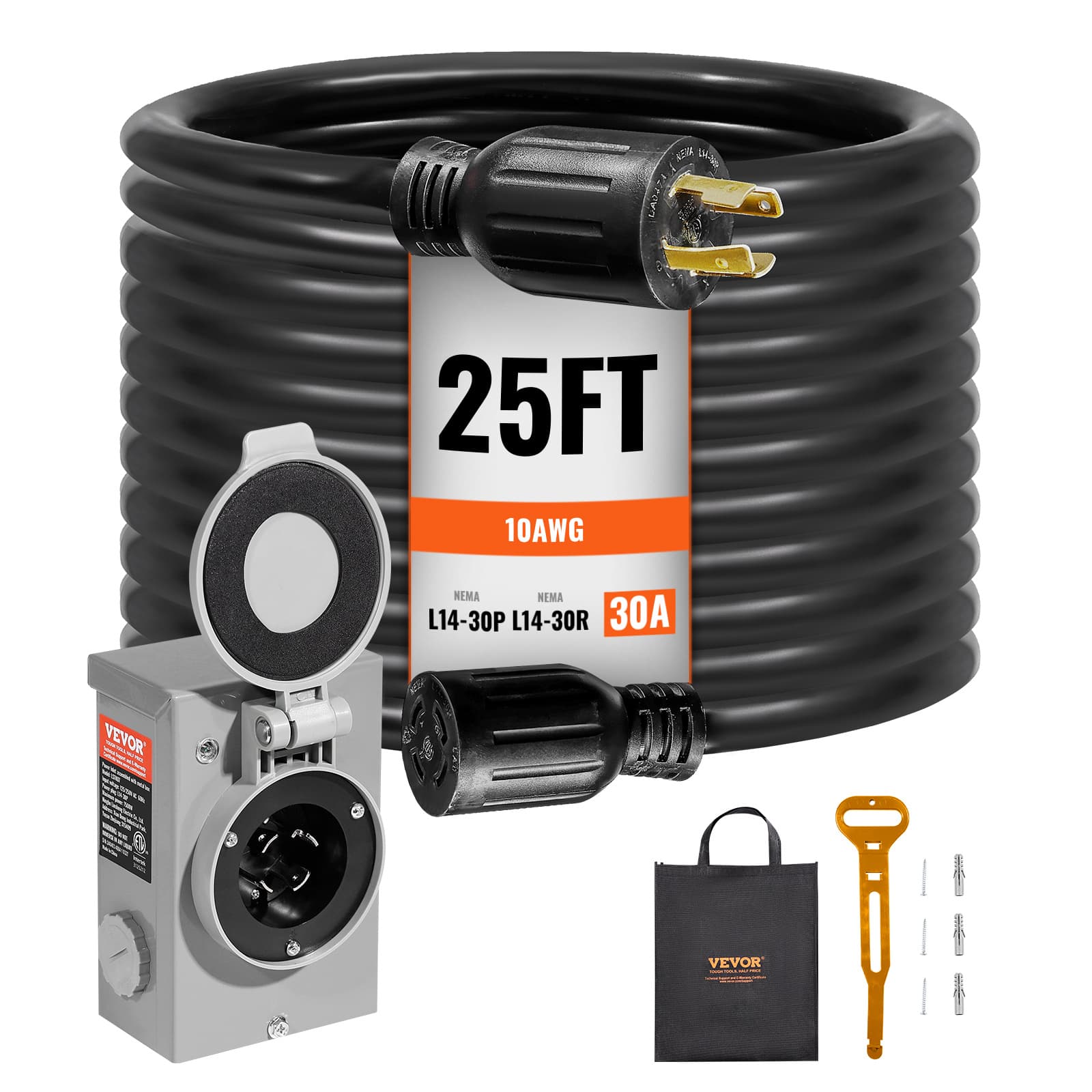 TEMU Vevor 30 Amp Generator Cord And Power Inlet Box Kit, 25 Ft, L14-30p/l14-30r Stw 10 Awg Generator Power Extension Cord With Twist Lock Connector, Pre-drilled Inlet Box For Rv Outdoor, Etl