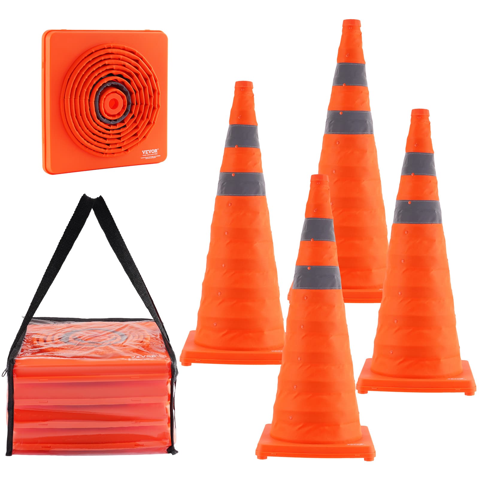 TEMU Vevor Safety Cones, 4 Pack 28 Inch Collapsible , Construction Cones With Reflective Collars, Wide Base And A Storage Bag, For Traffic Control, Driving Training, Parking Lots