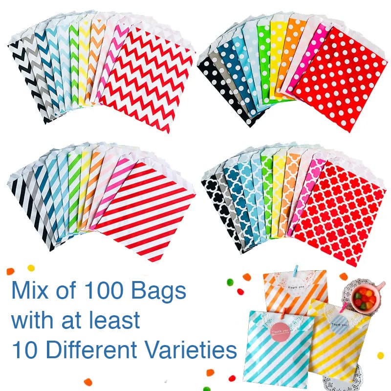 TEMU Pack Of 100 Pcs Paper Mixed Patterns Treat Bags Polka Dot Wavy Chevron Print Striped Styles Food Grade Goodie Bags