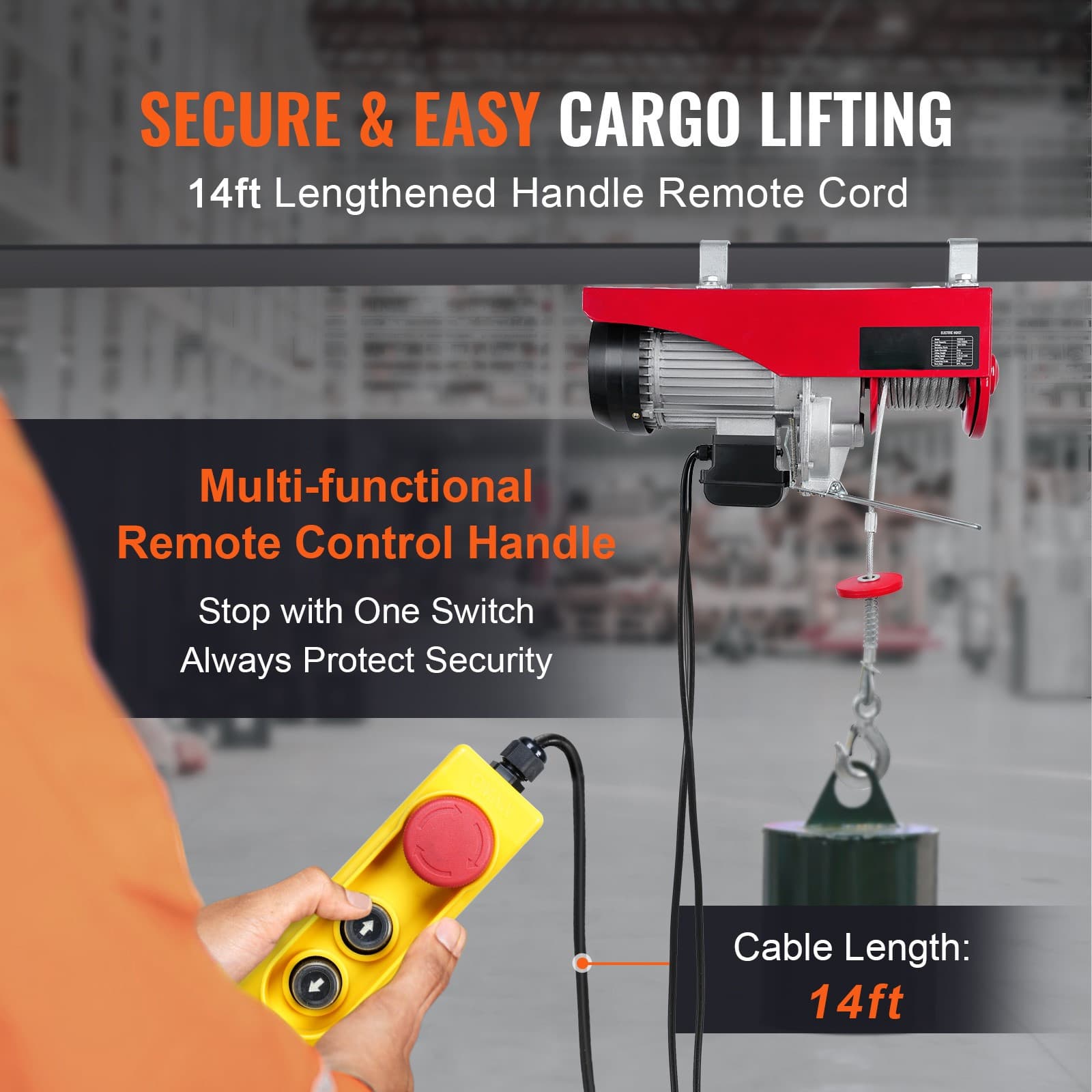 TEMU Vevor 2200lbs Electric Hoist W/14ft Wired Remote Control, 120v Electric Hoist With 40ft Single Cable Lifting Height, For Garage Warehouse Factory Control For Garage, Shop, Hotel, Home