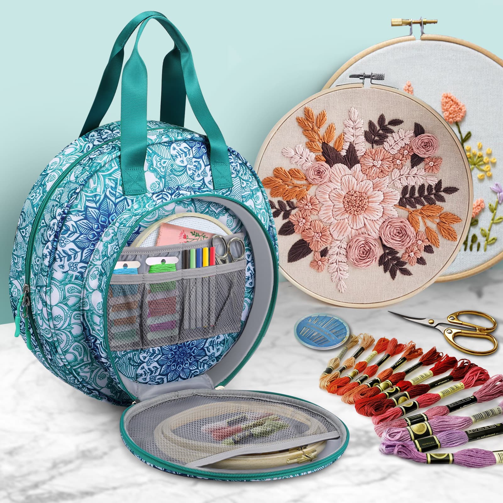 TEMU Embroidery Project Bag, Embroidery Supplies Storage Carrying Tote Case With Multiple Pockets For Floss, Hoops, Thread, Tools Kit (bag Only)