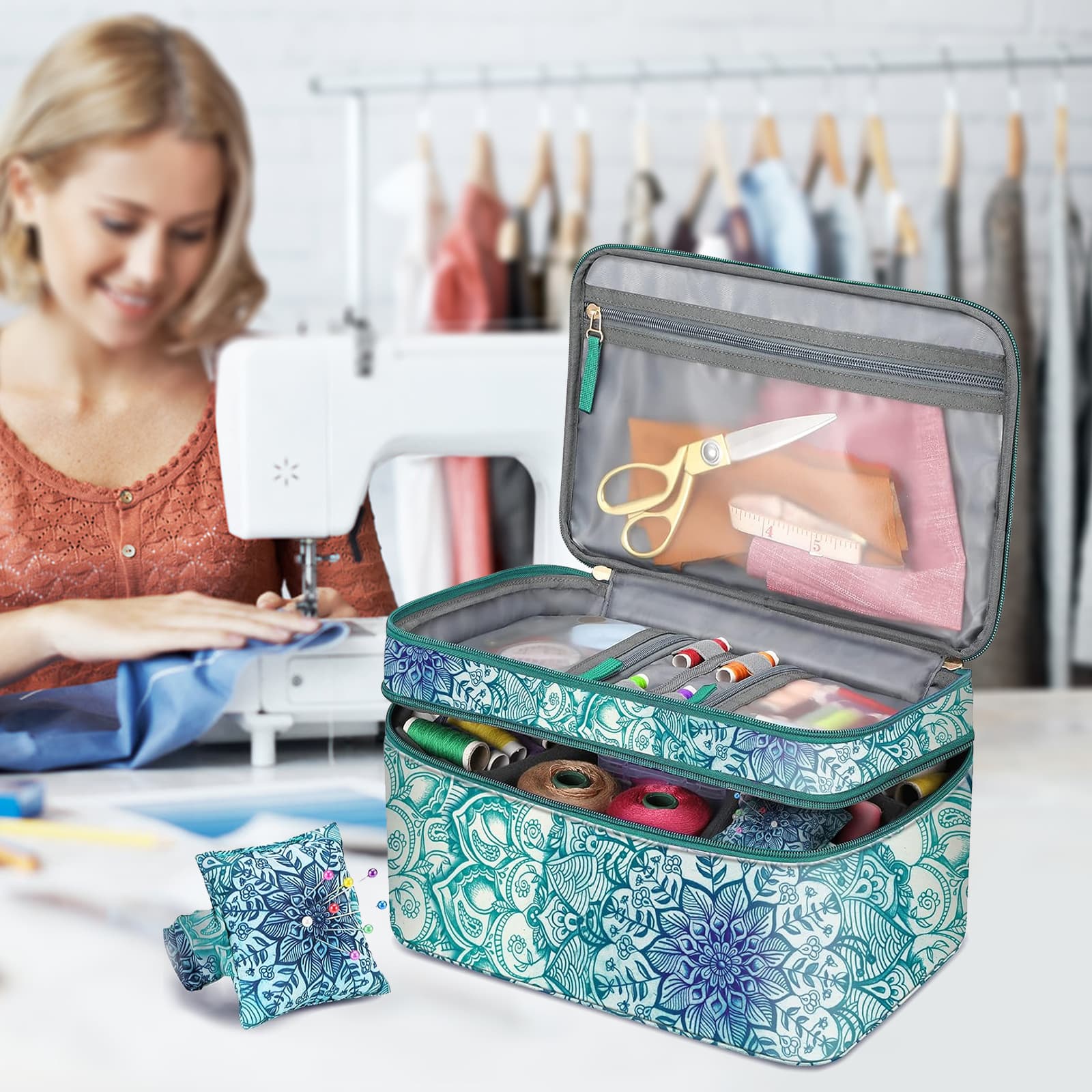 TEMU Finpac Sewing Accessories Storage And Organizer Case, Double-layer Sewing Kits Carrying Bag With Wrist Pin Cushion For Threads, Needles, Embroidery Floss Supplies, Felting Kits