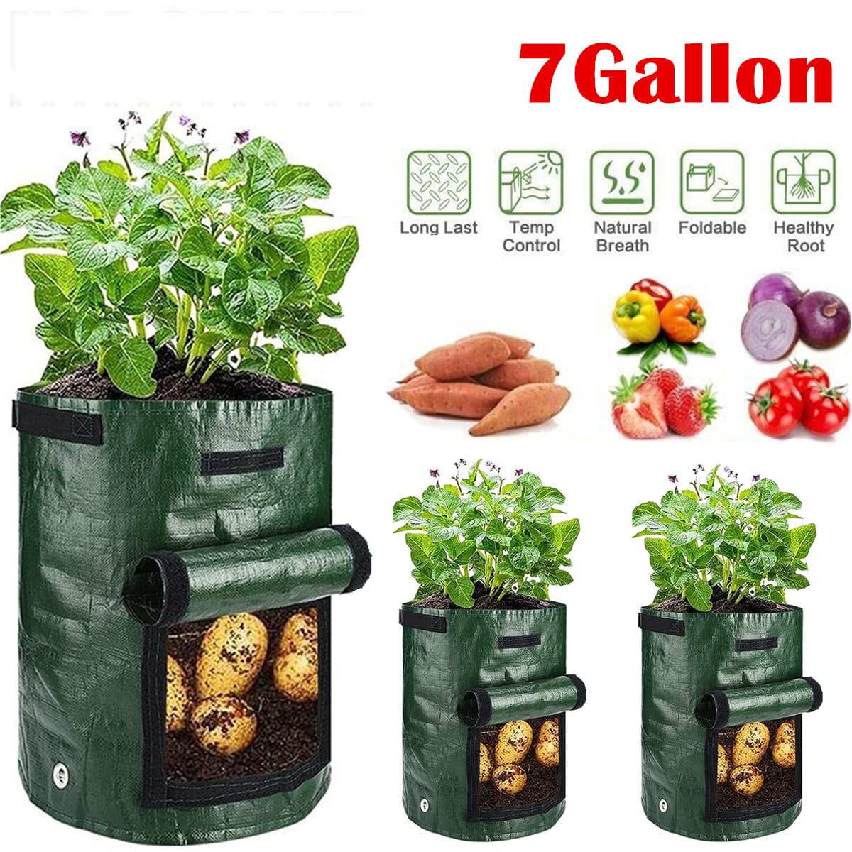 TEMU Crazyhoney 3pcs 7 Gallon Heavy Duty Potato Grow Bags Garden Waterproof Reusable Vegetable Plant Fabric Pots Fruits With Drainage Hole, Indoor & Outdoor, Tear Resistant With X-shape Stitching