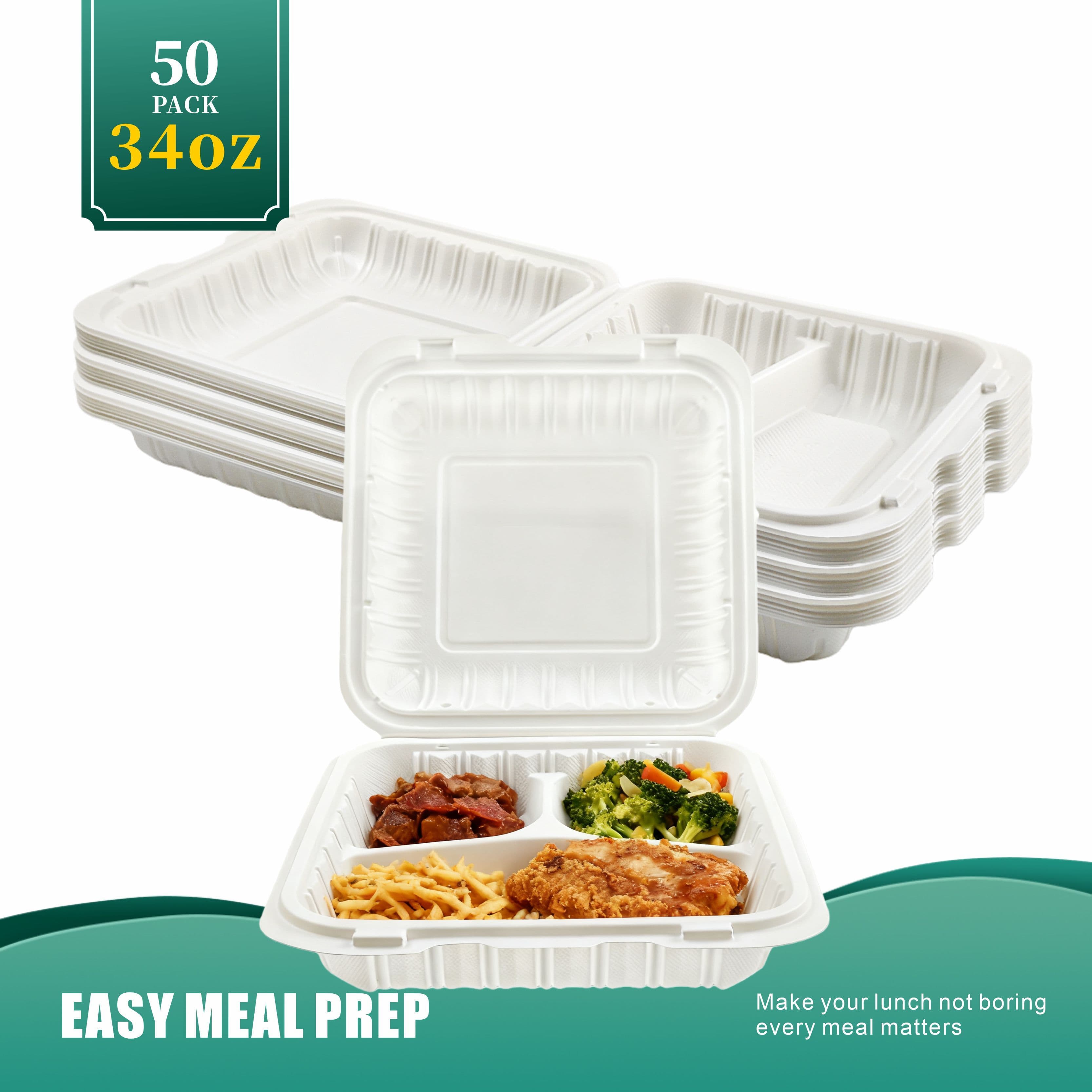 TEMU 50 Pack 8x8-inch 3-compartment Takeout Boxes - Disposable Plastic Meal Prep Containers With Dividers, Bpa-free, Leak-resistant, Microwave & Freezer Safe