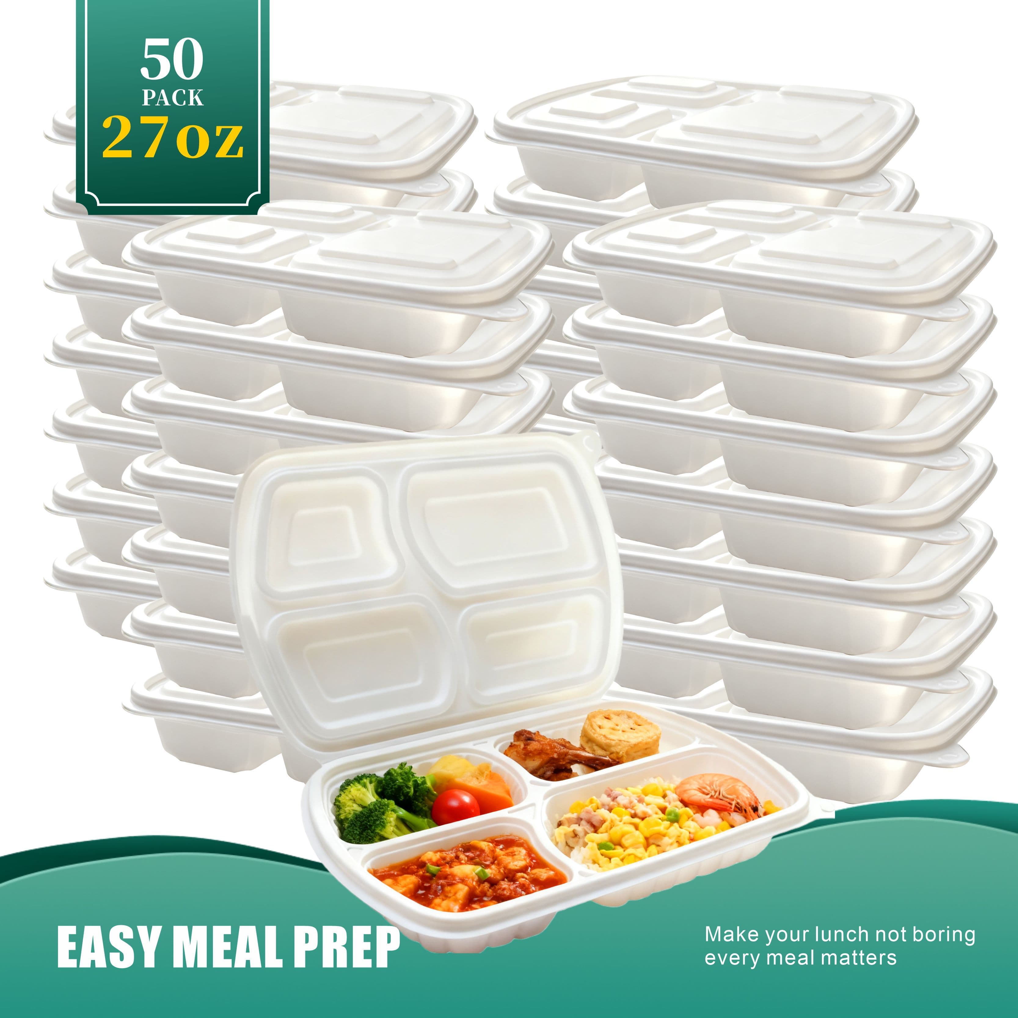 TEMU 50-pack White 4-compartment Clamshell Food Containers For Halloween, Christmas & Holiday , Heavy Duty Disposable To-, Microwavable & Freezer Safe Hinged Lunch Containers
