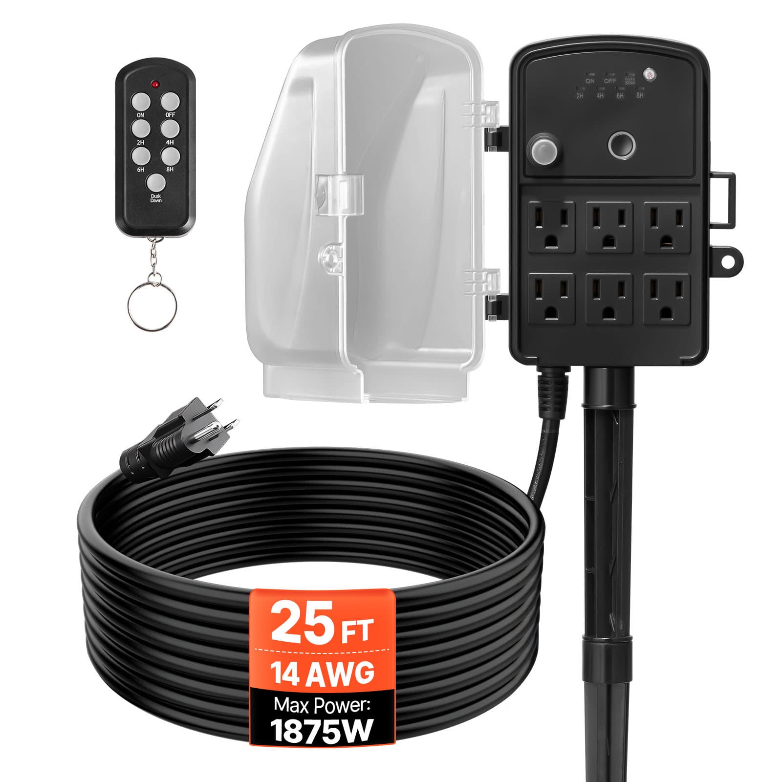 TEMU Vevor Outdoor , 25ft / 50ft / 100ft Extension Cord, Outdoor Power Strip Weatherproof With Cover, Remote Control Dusk To Dawn Light Timer, 6 Outlets, 1875w/15a, For Christmas Lights, Garden