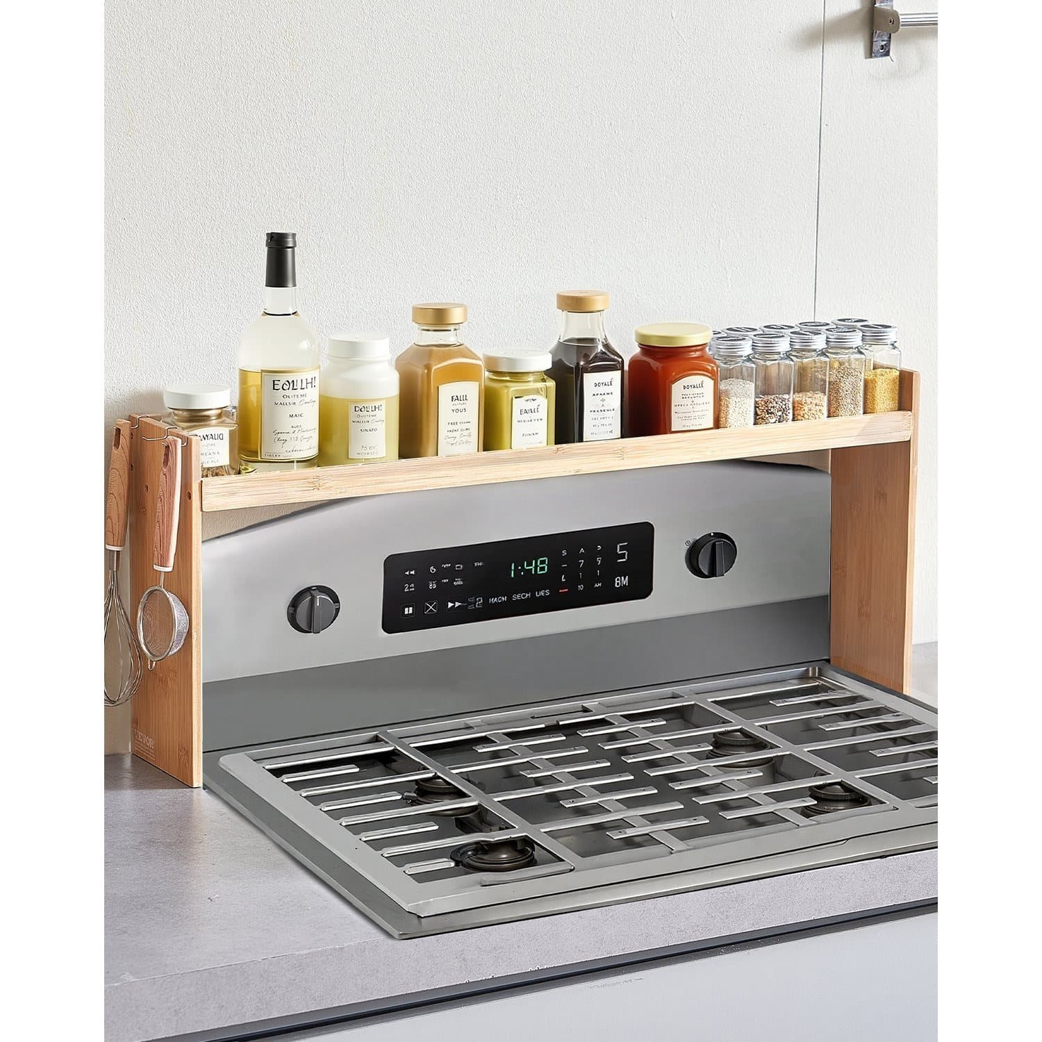 TEMU Vevor Over Spice Shelf Spice Rack Kitchen Organizer 32.6x13in Bamboo 6 Hooks