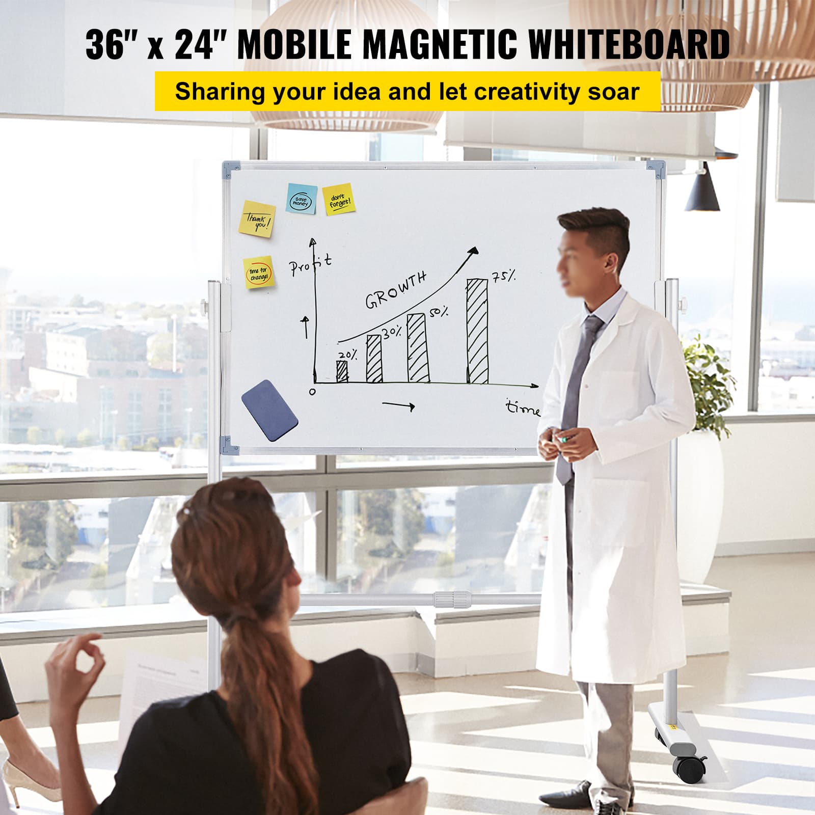TEMU Vevor Mobile Magnetic Whiteboard, 36 X 24 Inch, Double Sided, 360 Degree Reversible Rolling Dry Erase Board, Height Adjustable With Aluminum Frame And Lockable Swivel Wheels, For Office Home