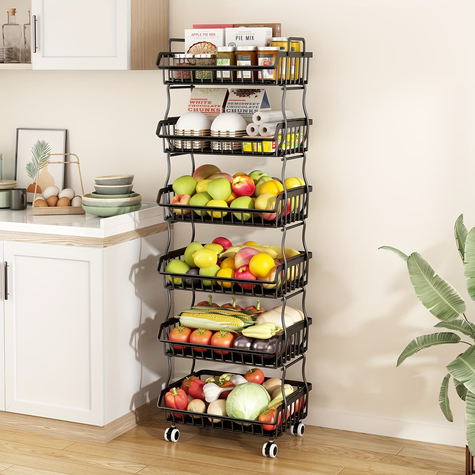 TEMU Kitchen Fruit And Vegetable Storage Basket, 6 Layers, Stackable And Movable Fruit And Vegetable Basket With Wheels, Metal Wire Storage Basket For Kitchen And Pantry Organization