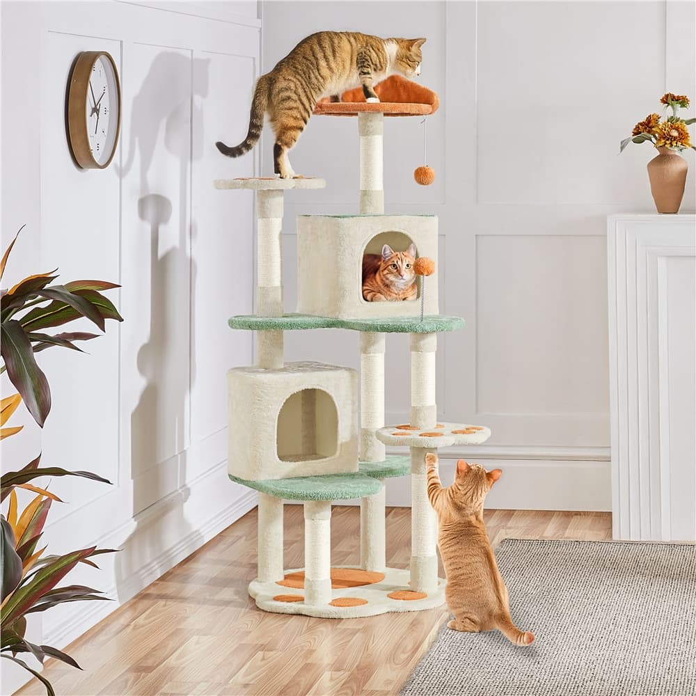 TEMU 57.5in Cat Paw-shaped Cat Tree, Perfect , Cute Cat With Heart-shaped Platform, & Hanging Ball, Double Condos, Scratching Posts