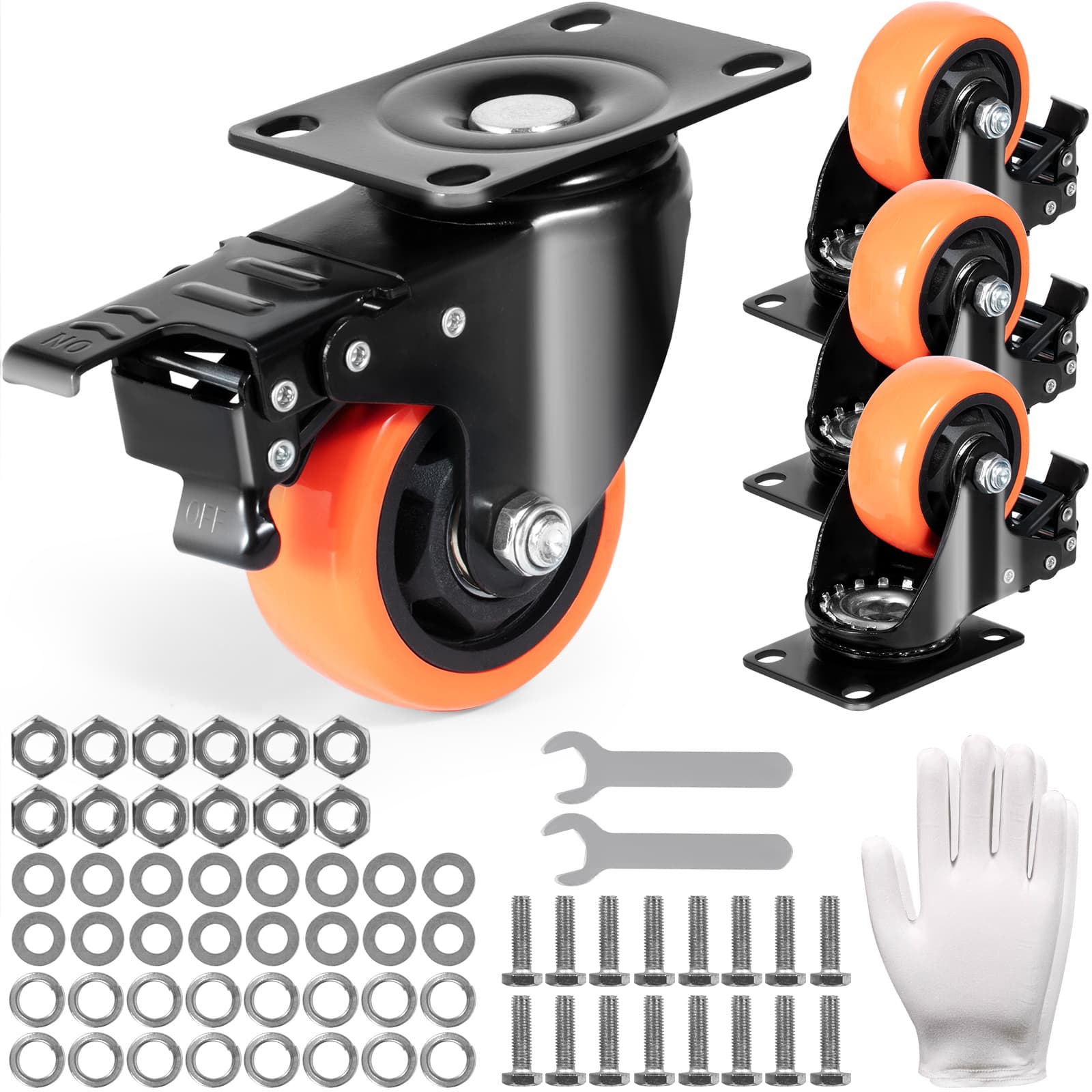 TEMU Vevor Caster Wheels, 3-inch Swivel , Set Of 4, With Security A/b Locking No Noise Pvc Wheels, Heavy Duty 250 Lbs Load Capacity Per Caster, Non-marking Wheels For Cart Furniture Workbench