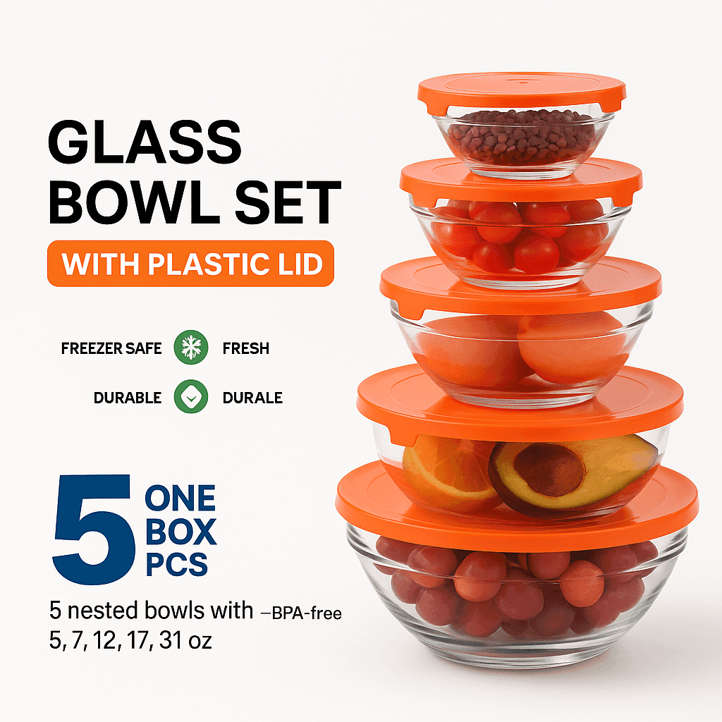 TEMU 5-piece Glass Mixing Bowl Set With Orange Lids – Bpa-free Nesting Bowls For Cooking, Food Prep, Serving & Storage (5, 7, 12, 17, 31 Oz)