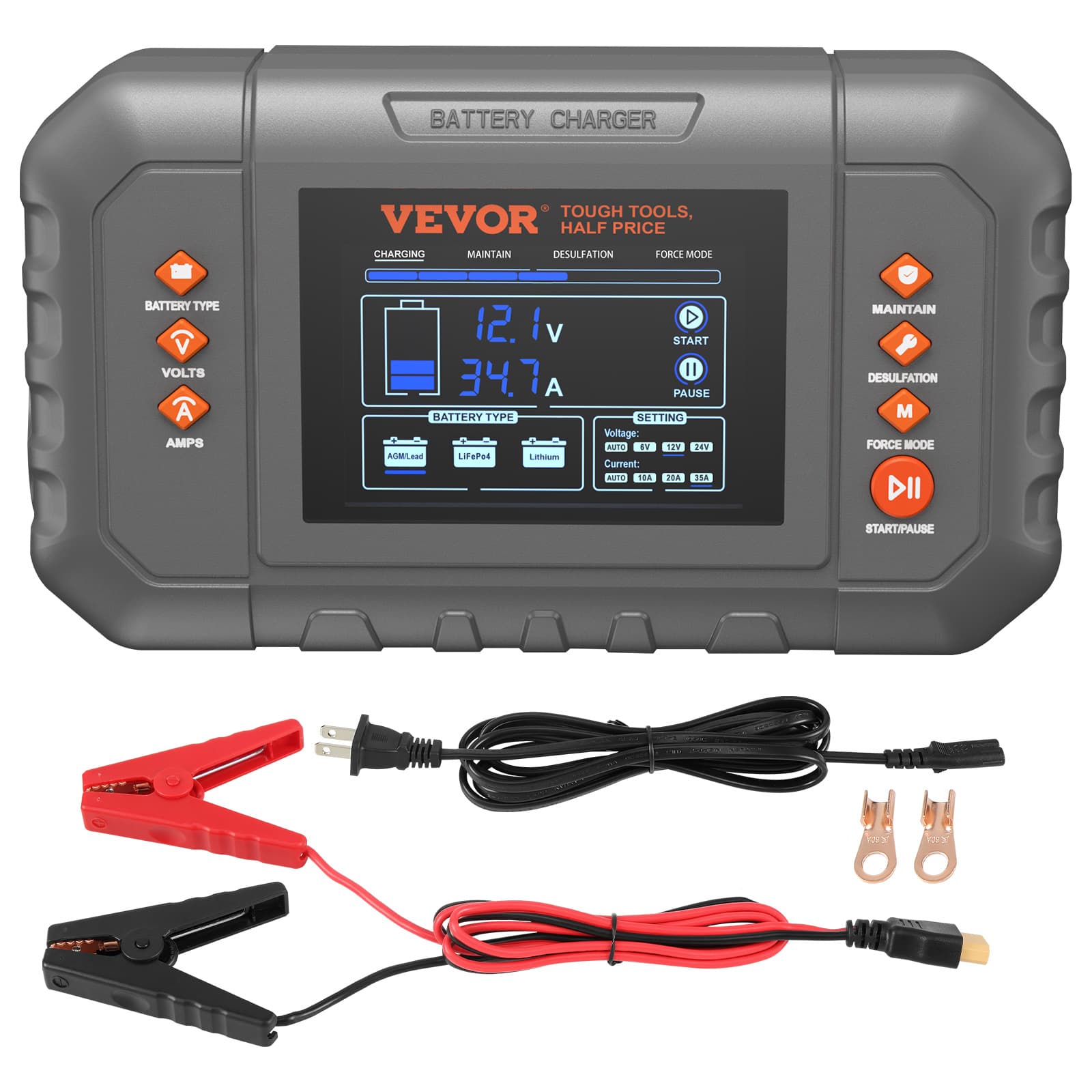 TEMU Vevor Smart Battery Charger, 35-amp, Lithium Lifepo4 Lead-acid (agm/gel/sla) Car Battery Charger With Lcd Display, Trickle Charger Maintainer Desulfator For Boat Motorcycle Lawn Mower Deep Cycle