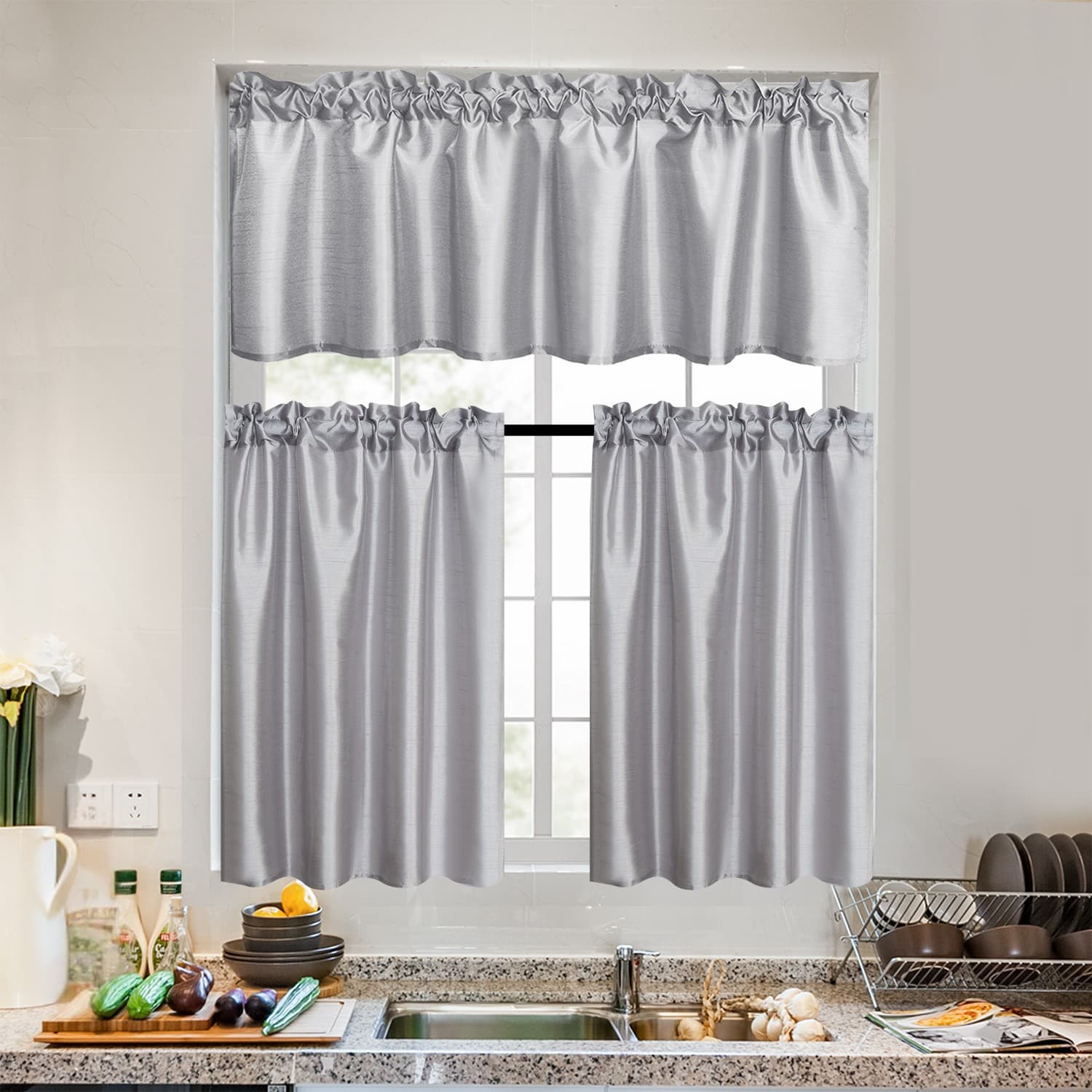 TEMU 3 Panels Silk Solid Color Sheer Kitchen Curtains Set Rod With 2 Tiers 26x36 Inch Each And 1 Valance 52x14 Inch For Kitchen Bathroom Privacy Drapes And Curtains