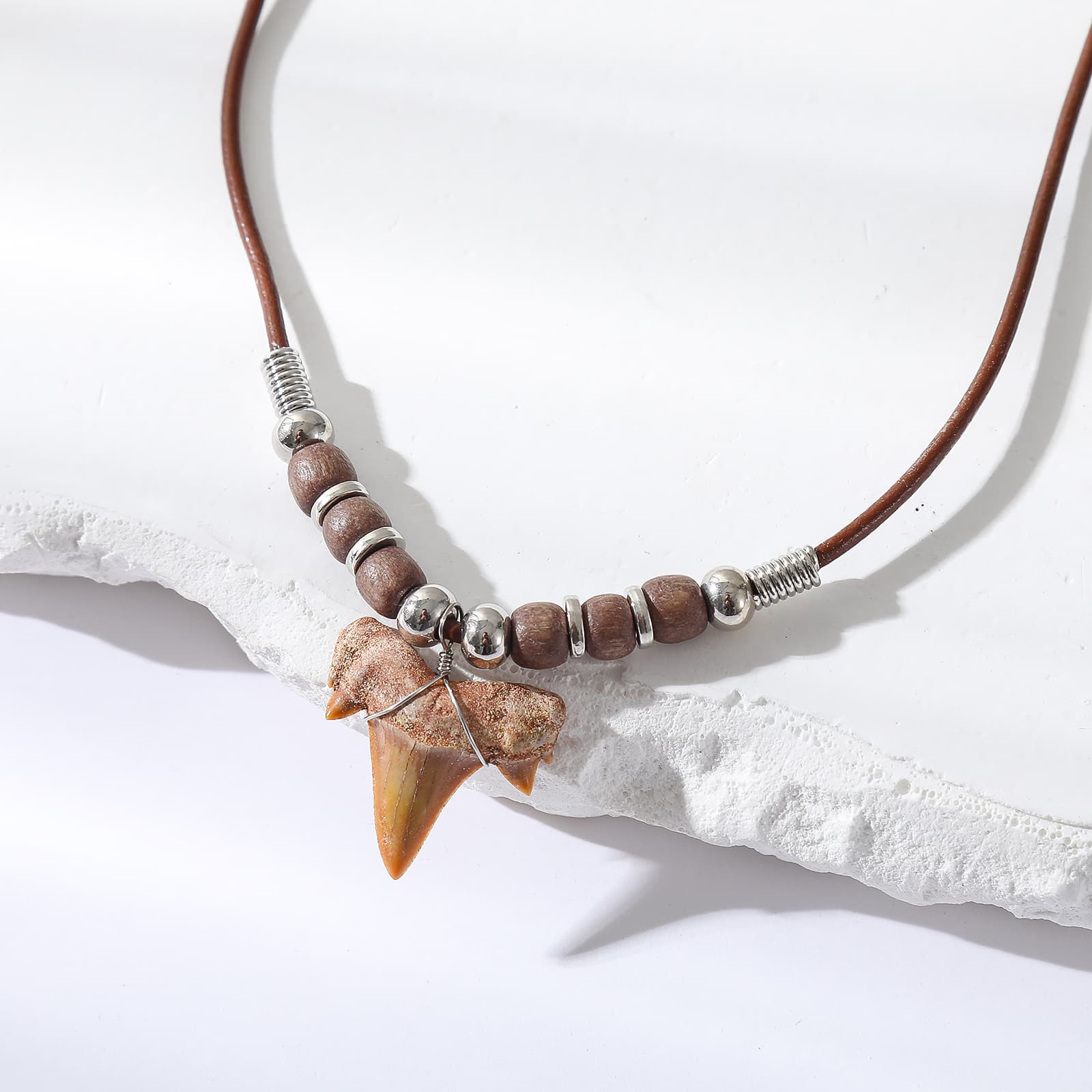 TEMU 1 Pc Natural Fossil Necklace With Wooden Beads And Silvery Accents - Ocean- For Men And Women, Perfect Gift For Birthdays/anniversary/ Day/easter/spring/summer/party/travel