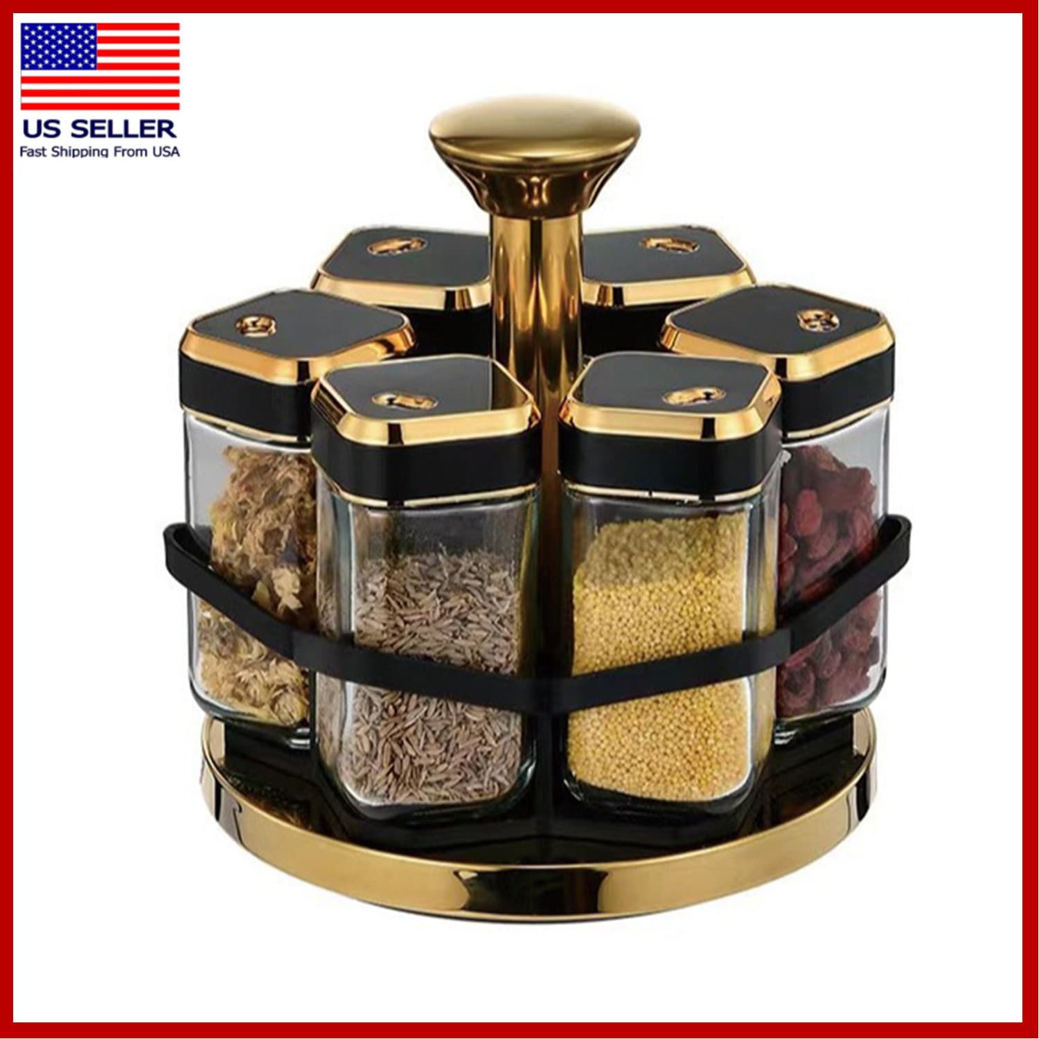 TEMU Spice Carousel 360° Rotating Lazy Susan Organizer - Multipurpose Spice Rack & With 6 Salt & Pepper Jars, Revolving Storage Tray For Kitchen Accessories (black With Gold Accents)