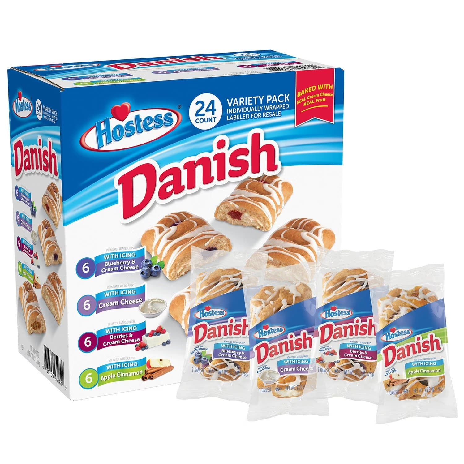 TEMU Hostess Danish Variety Pack, 24 Count (2.75 Oz Each) – Assorted Breakfast Pastries With Cream Cheese, Cinnamon, Mixed Berries & Blueberry Flavors, Individually Wrapped Snacks