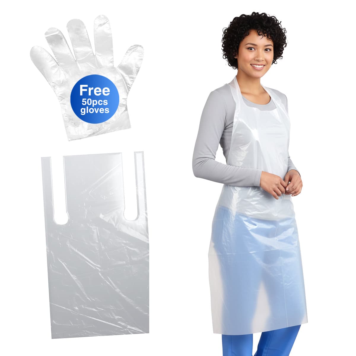 TEMU White Disposable Plastic Aprons 27” X 46”, 50 Pack For Kitchen, Food Prep, Cleaning, Salon + Free 50 Cpe Gloves