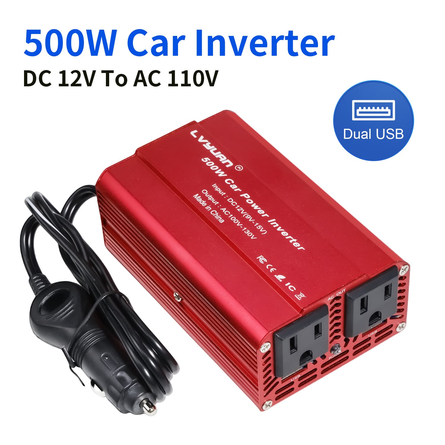 TEMU 500w Car Power Inverter, Lvyuan Car Outlet Adapter Dual Usb Power Inverter For Vehicles 12v To 110v Ac Car Converter With Ports For Laptop, Road Trip