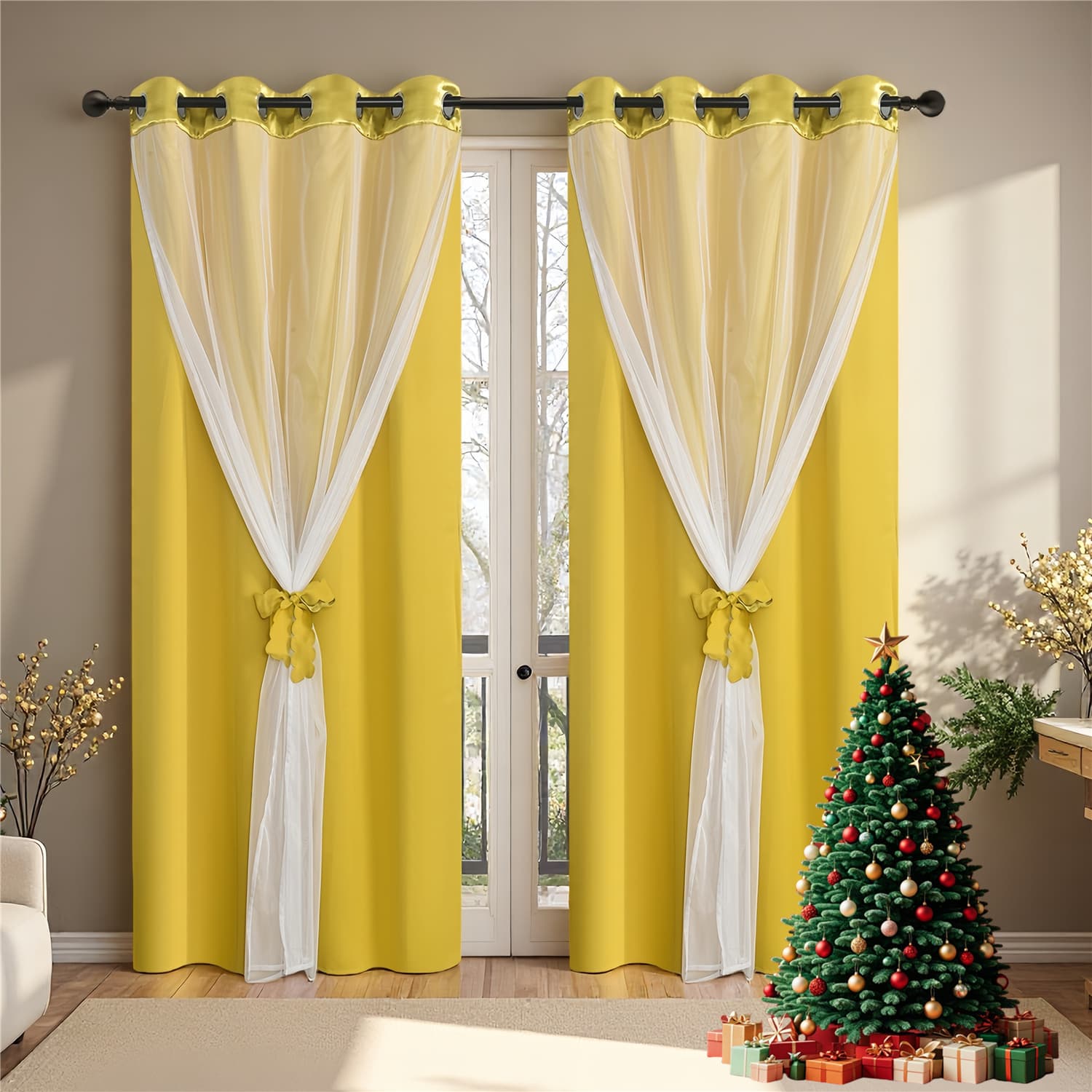 TEMU Cozy Christmas 2 Panels Room-darkening Thermal Insulated Curtains, White Embroidered Sheer With Festive Snowflakes, Double-layered Grommet Drapes For