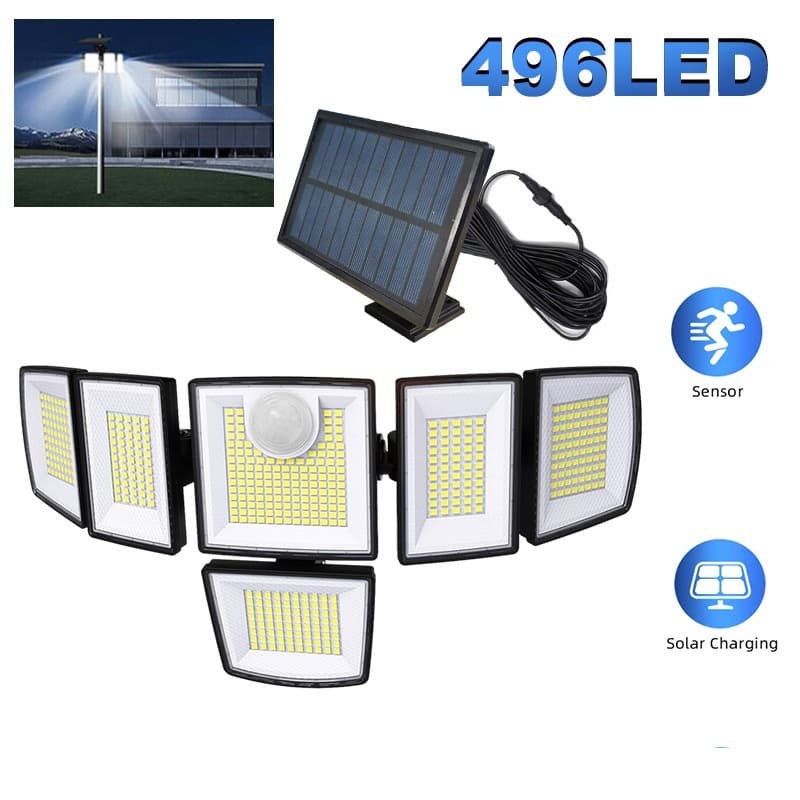 TEMU Solar Outdoor Lights With 6 Heads, 496 Led Motion Sensor With 16.4ft Cable, 3 Lighting , Led Security Flood Lights With Remote Control For Yard, Porch