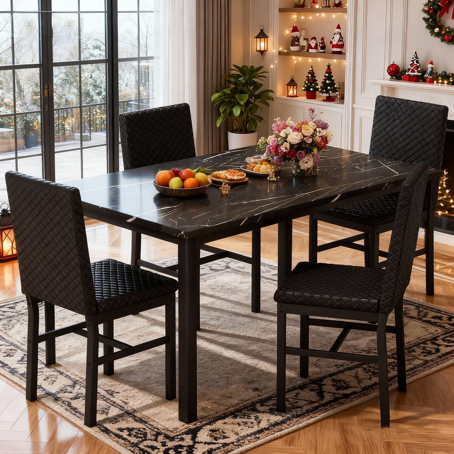 TEMU 5-piece Marble Dining Table Set With Velvet Dining Chairs, Elegant Breakfast Table Set For 4, Perfect For Small Dining Rooms Modern Dinner Table Set For 4 With 4 Chairs, Ideal Dining Room Sets
