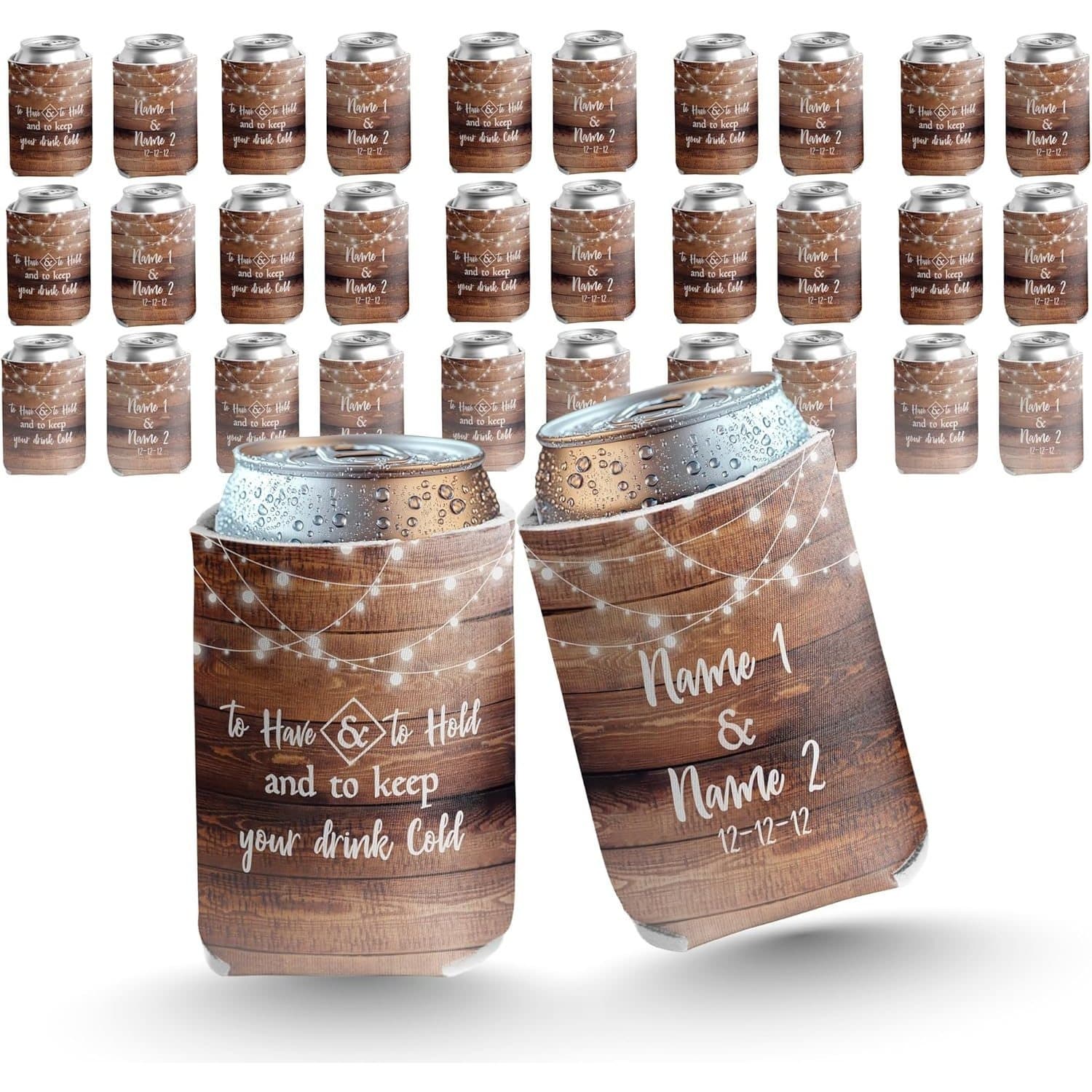 TEMU Custom Wedding Can Coolers “ And To Keep Your Drink Cold” Personalized Names + Date, Rustic Brown Wood Design, Fits 12-16 Oz Cans