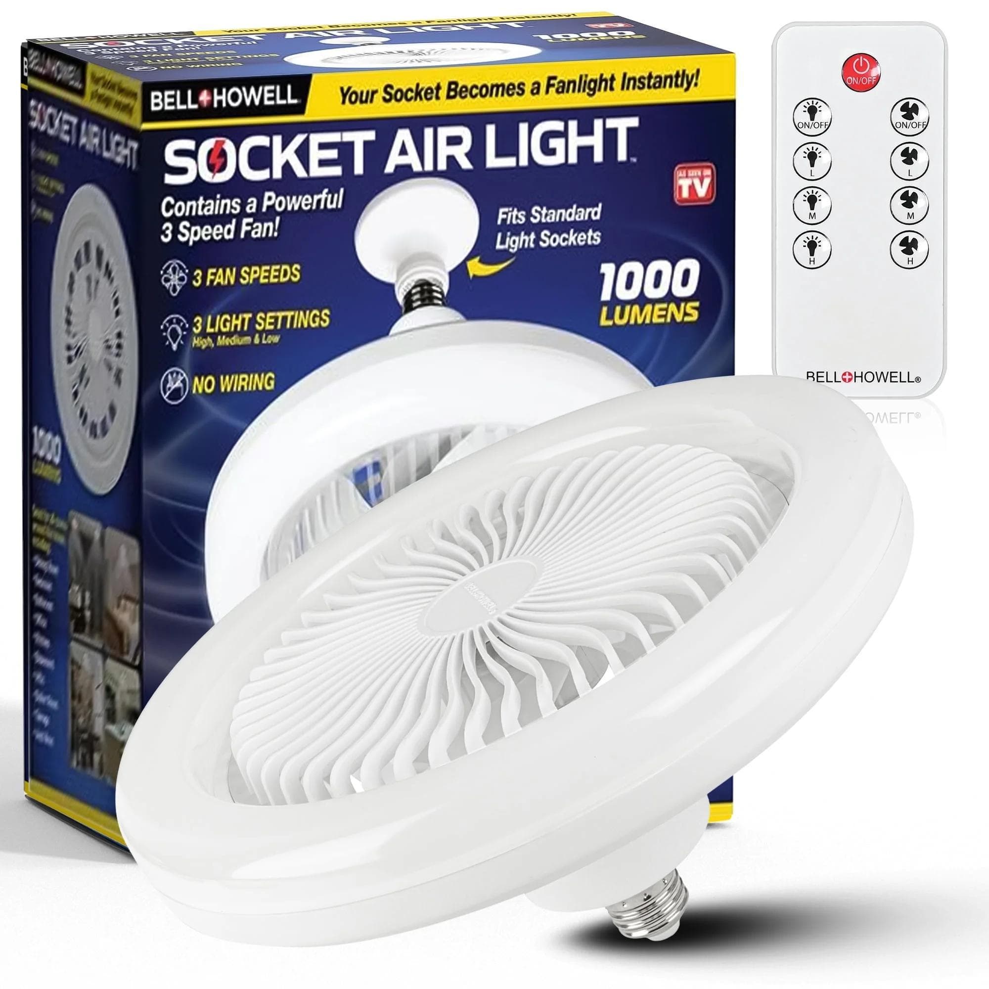 TEMU Bell+ Socket Ceiling Fan Light With Remote Control, Socket Fan With Extender,110-120 Volt, 2100 , 3 Fan , 3 Light Settings, 6500k For Living, Dining, As