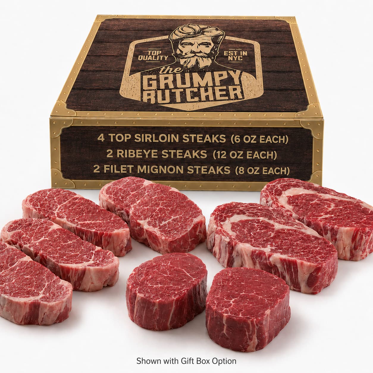 TEMU Grumpy Butcher 8 Steaks Full House Set - 4 Top Sirloin, 2 Ribeye & 2 Filet Mignon Steaks - Usda Prime Or Upper Third Angus Choice - Steakhouse Quality Meat With Gift Box Option - Ships Frozen
