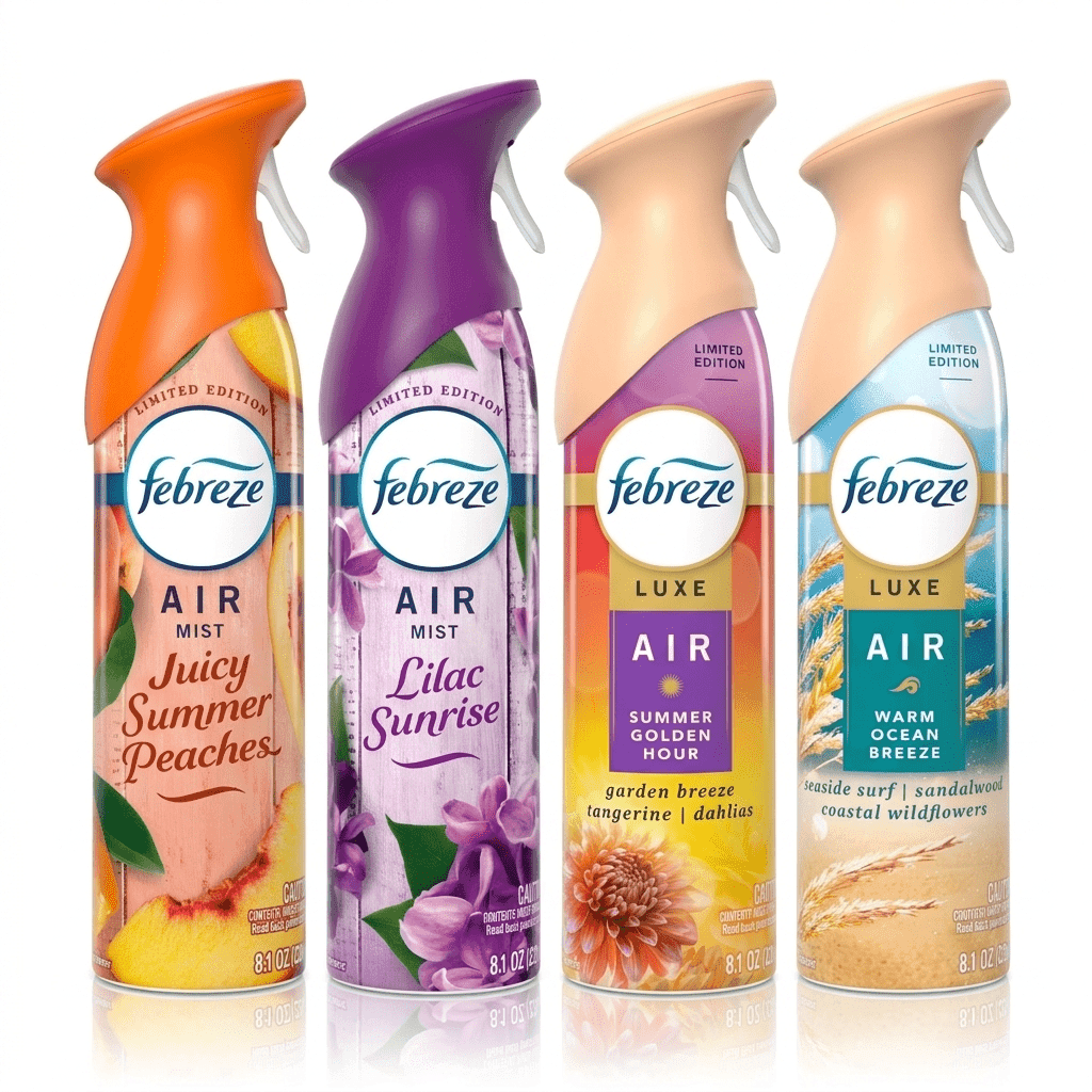 TEMU (4 Pack) Febreze Air Freshener Sprays Pack, Juicy Summer Peaches, Luxe Warm , Luxe Summer , Lilac Sunrise, 8.1 Oz. Each Spray
