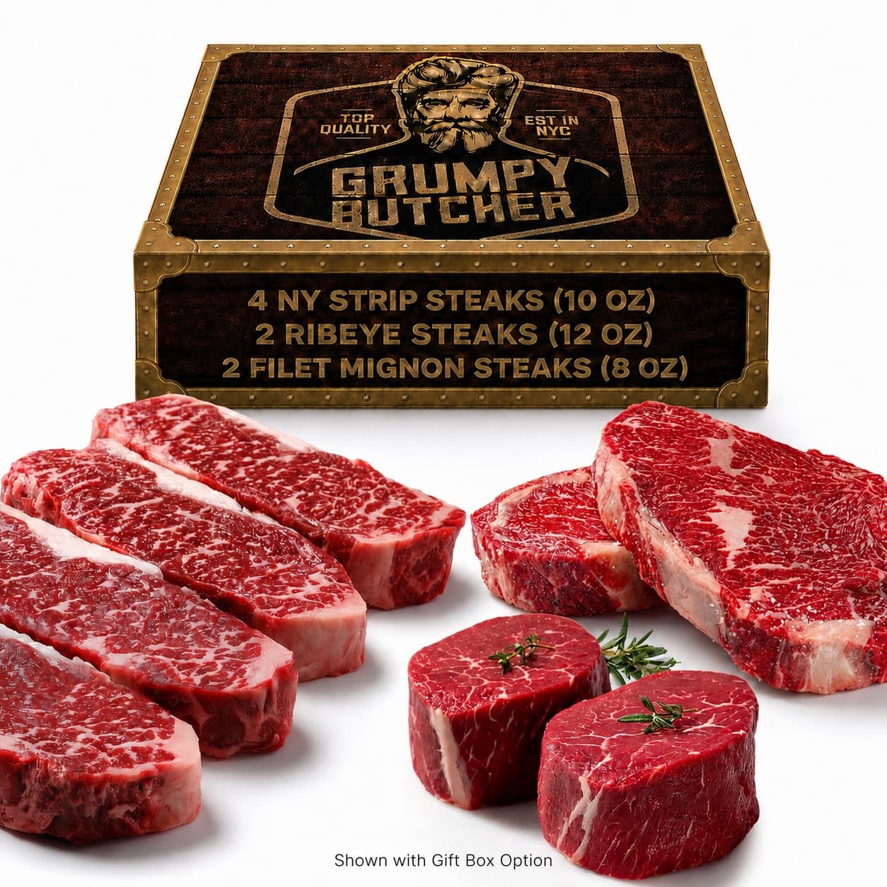 TEMU Grumpy Butcher 8 Steak Premium Set - Ny Strip, Ribeye & Filet Mignon - Usda Prime Or Upper Third Angus Choice - Ships Frozen