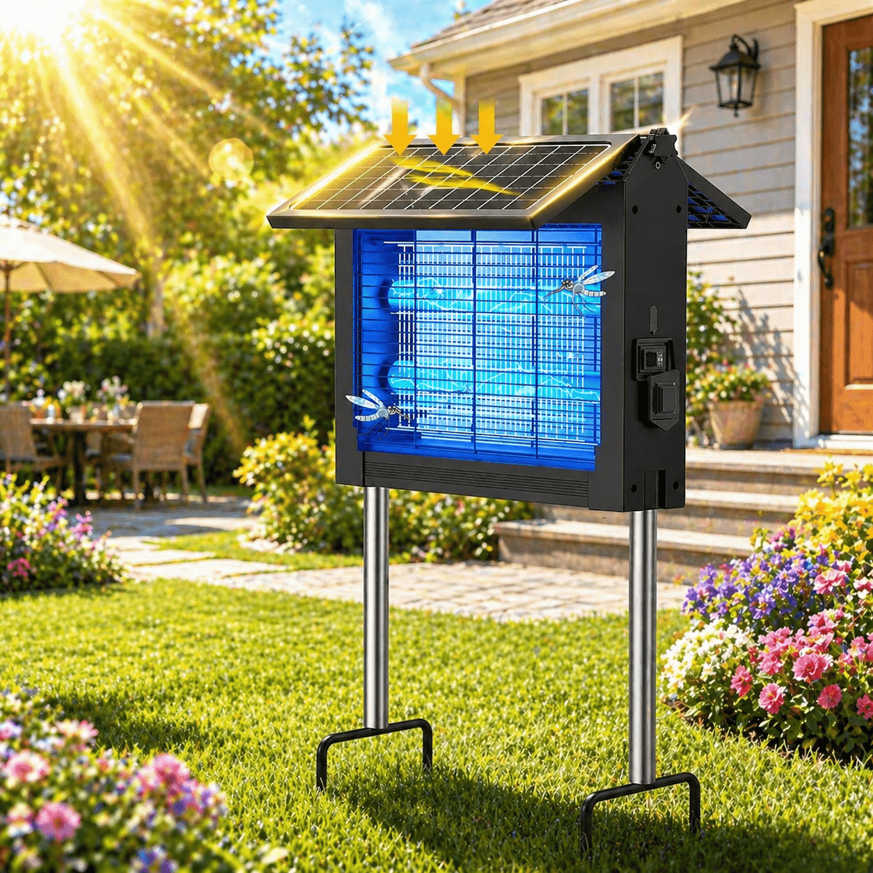 TEMU Solar Bug Zapper Outdoor 4500v, Dual Solar Panel & Usb Rechargeable Insect Trap, Auto , Waterproof For Patio Backyard Garden Camping