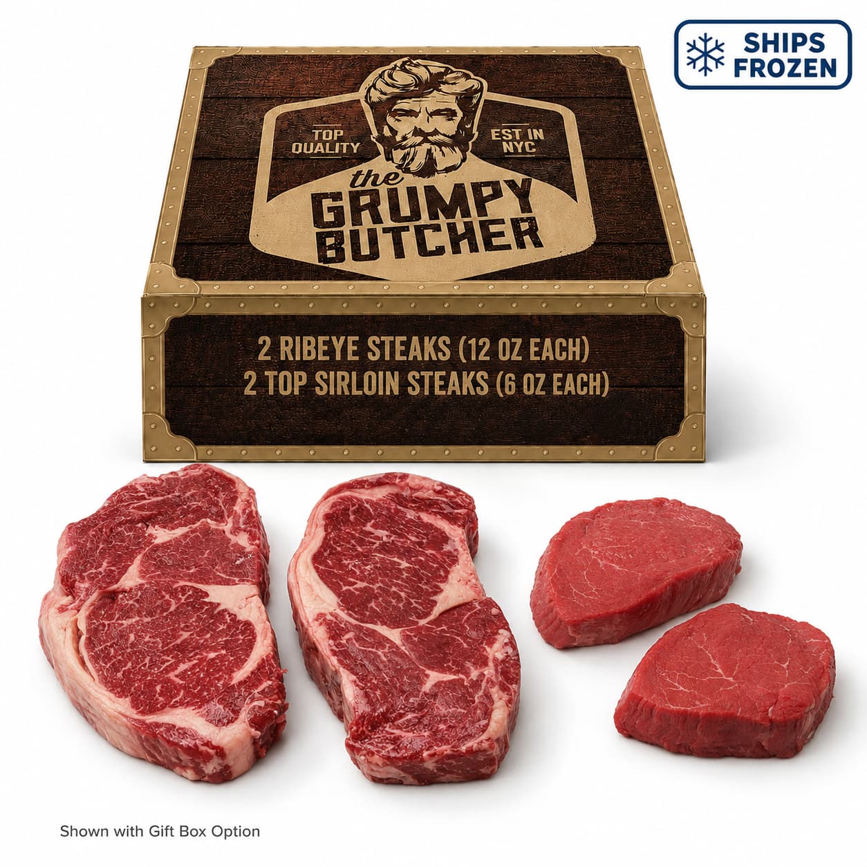 TEMU Grumpy Butcher Aged Ribeye & Top Sirloin Steak Gift Box, 4 Pack - Usda Prime Or Top Third Angus Choice Beef Steaks - 2 Ribeye Steaks And 2 Top Sirloin Steaks With Gift Box Option - Ships Frozen