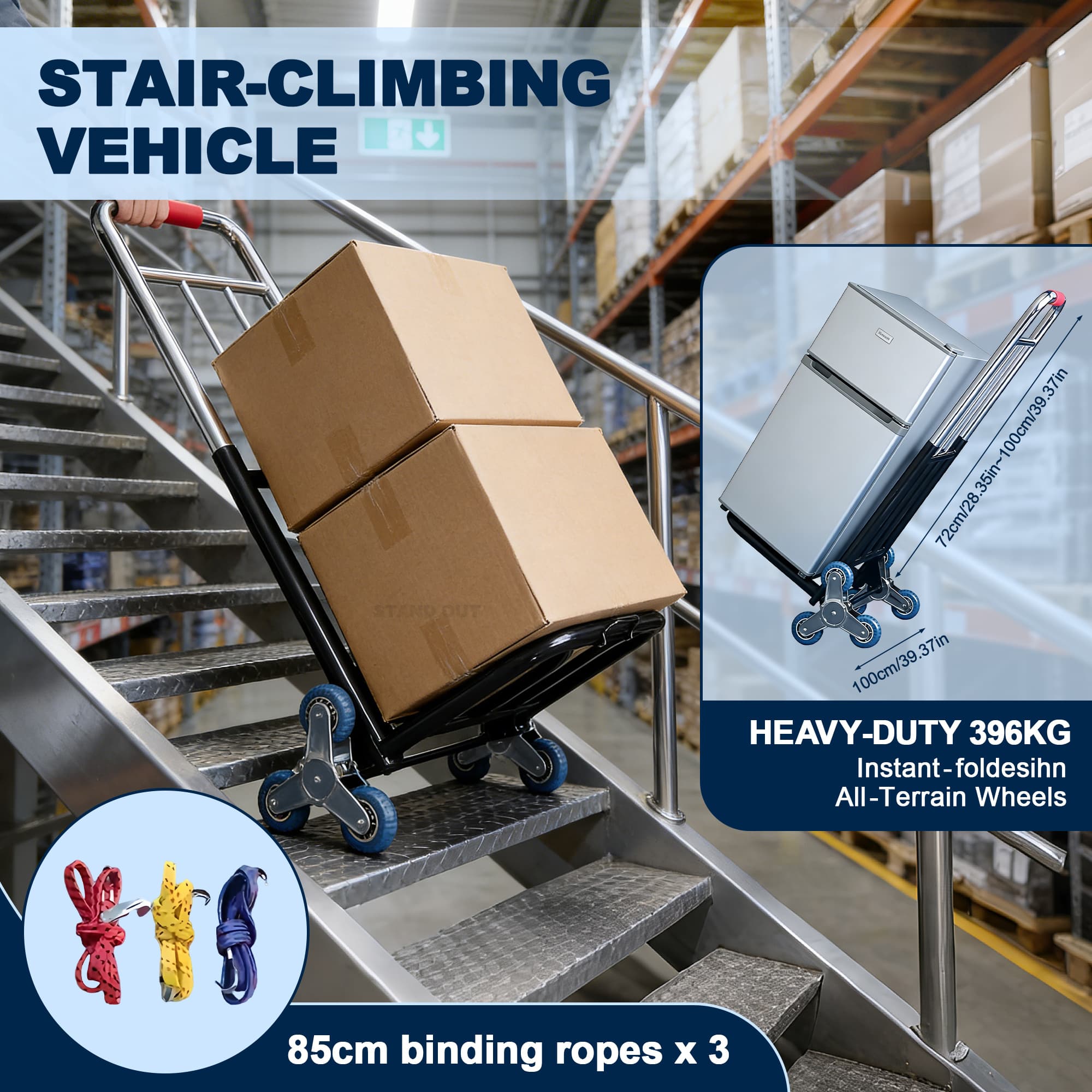 TEMU Folding Stair Climbing Hand Truck Dolly, Heavy Duty , 396 Lb Capacity, Height Adjustable Handle, Stair Climbing For Stairs, Moving, Shopping